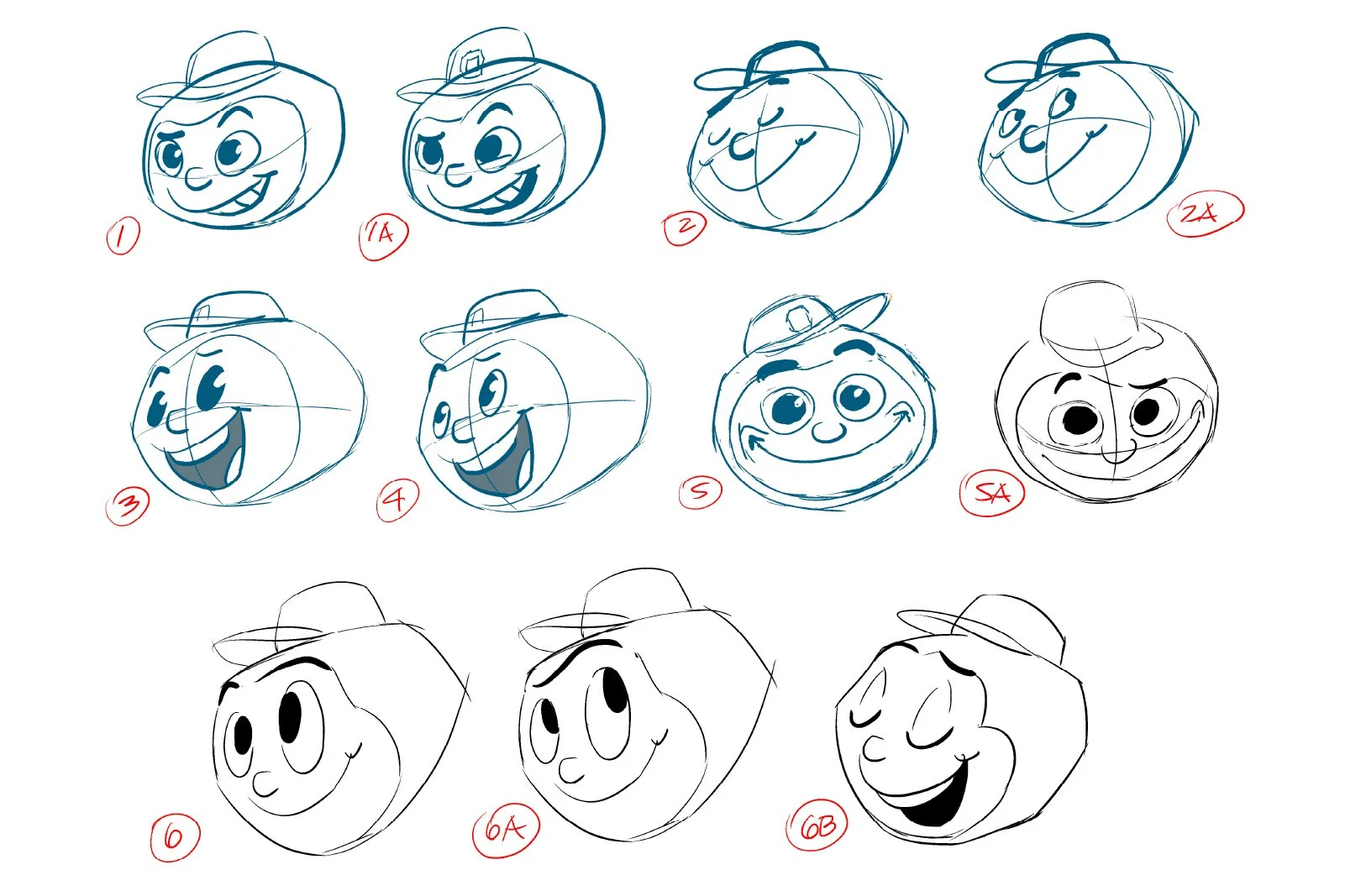 Sketches of a cartoon pumpkin with different facial expressions and angles, wearing a hat, numbered from 1 to 6 with variations.