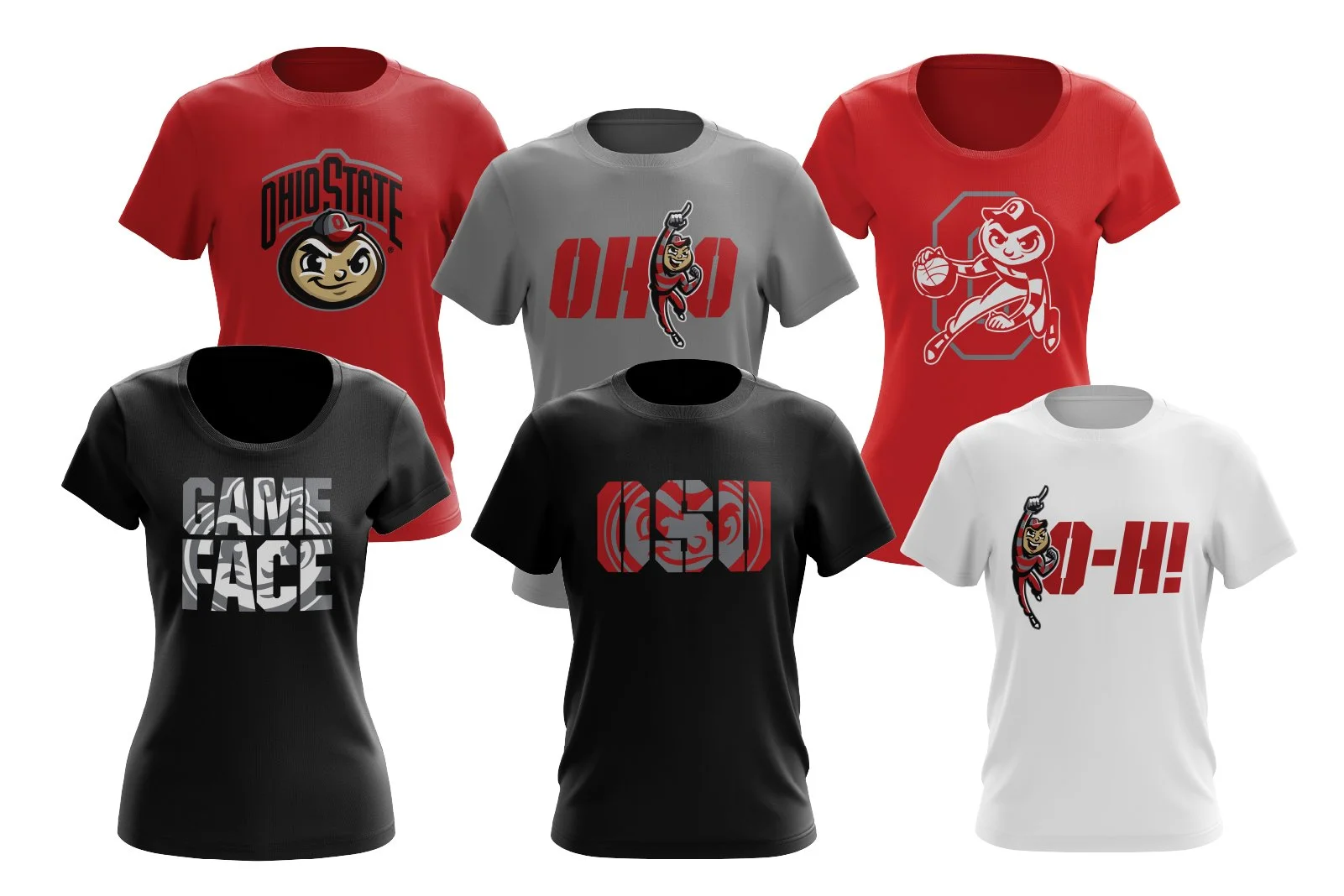 Six T-shirts with Ohio State Buckeyes-themed graphics and text in red, black, gray, and white, featuring the Buckeye mascot and slogans.