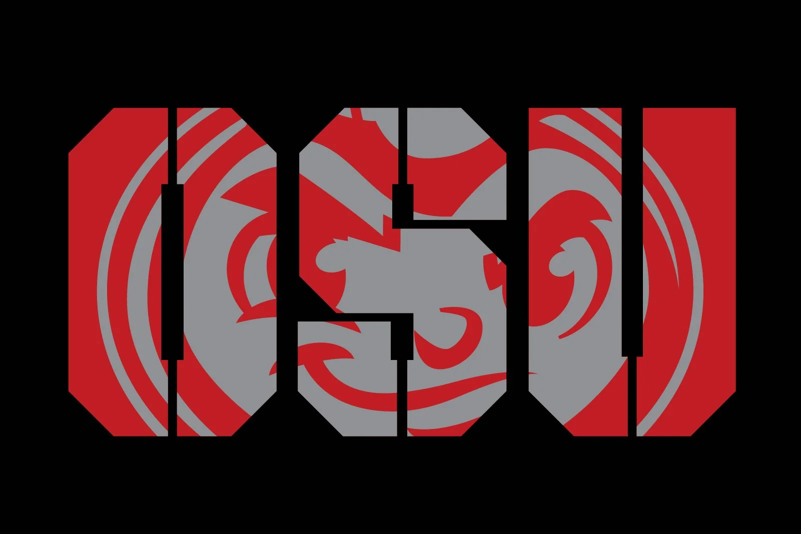 The word 'OMG' with a red and gray dragon design inside-style text on a black background.