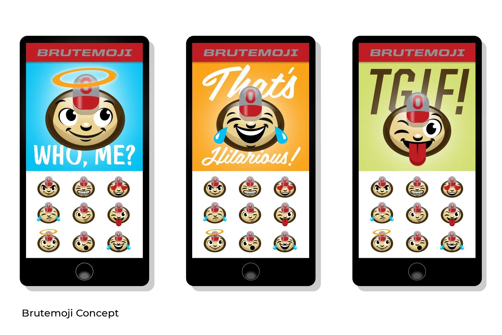 Three mobile phone screens displaying a collection of animated emoji-style faces with expressions, under the branding 'Brutemoji'. The screens show different emoji expressions with the headers 'Who, Me?', 'That's Hilarious!', and 'TGIF!'