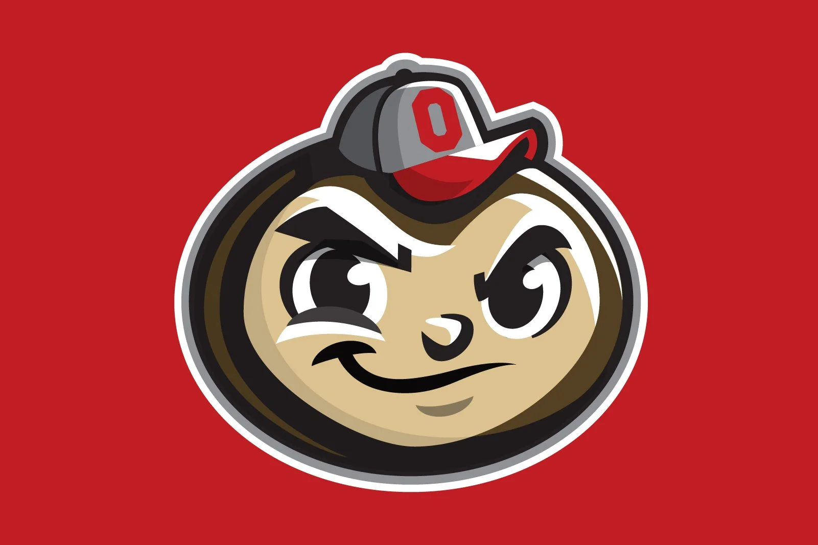 Logo of a redesigned cartoon character with a mischievous expression, wearing a gray cap with a red 'O', on a red background.