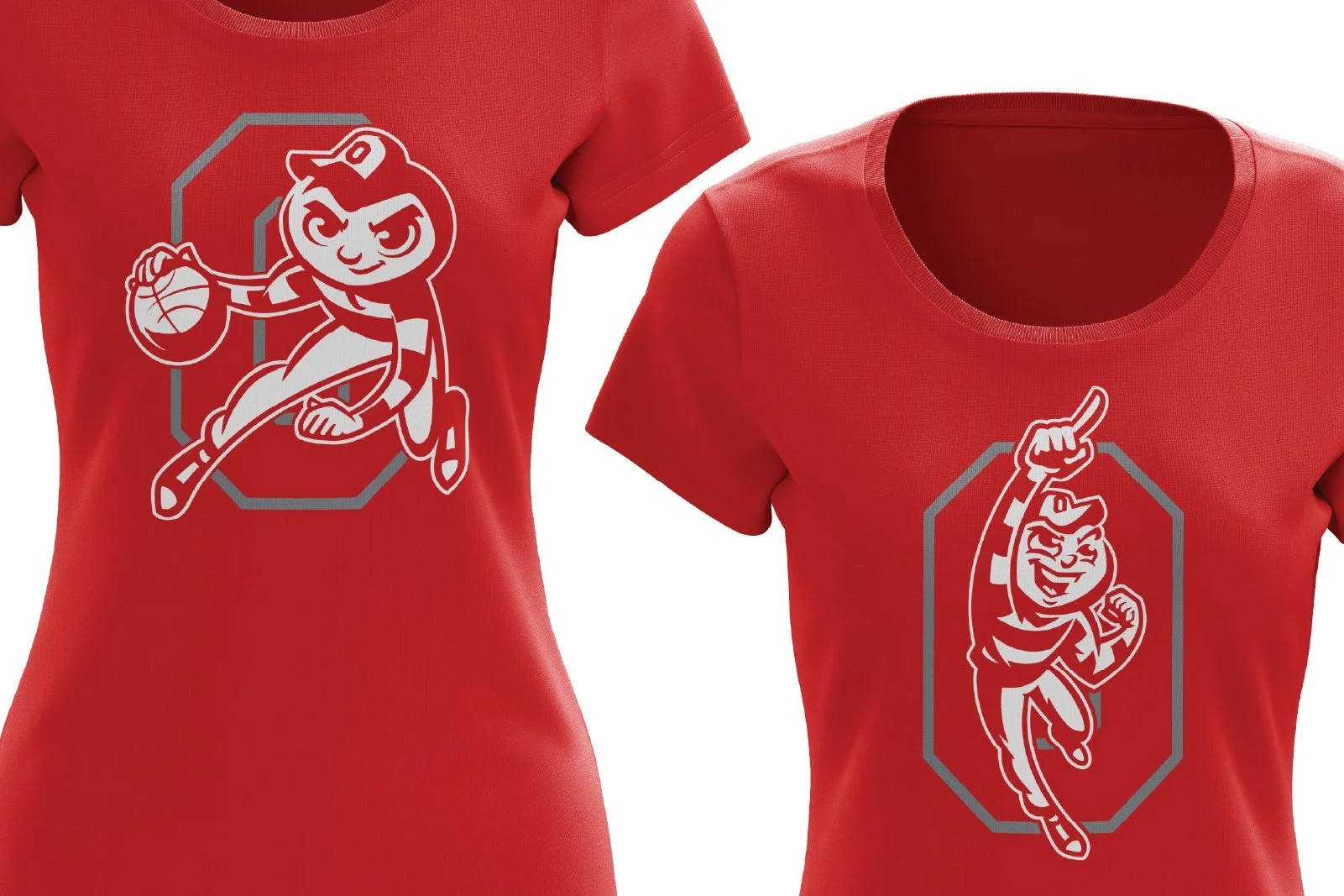 Red T-shirts with cartoon athlete logos, one with a girl holding a basketball and the other with a girl pointing upwards.