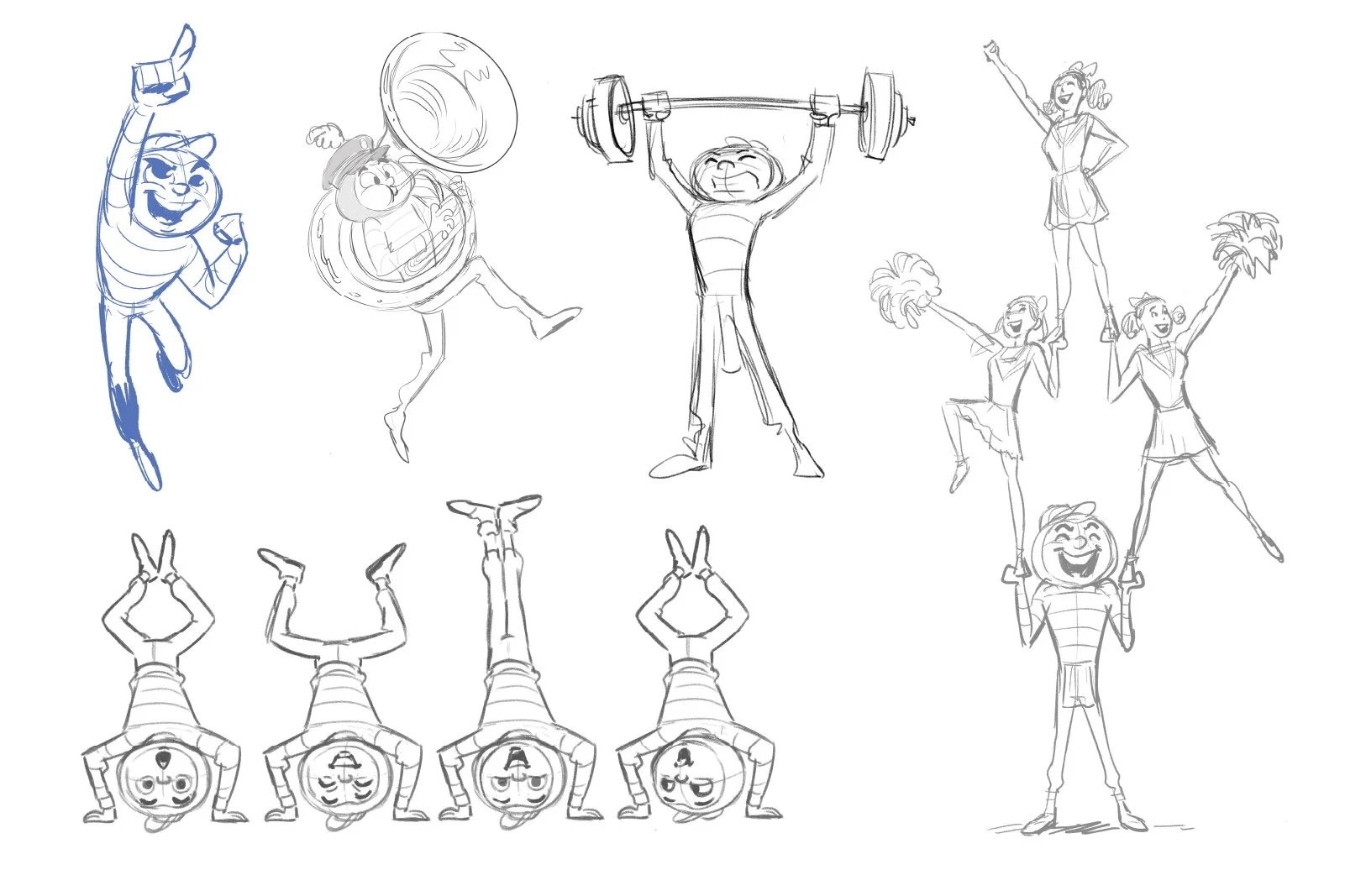 A collection of cheerful, animated characters in various dynamic poses, including a girl lifting weights, a girl doing a handstand, cheerleaders, a girl on someone's shoulders, and a group of kids performing handstands.