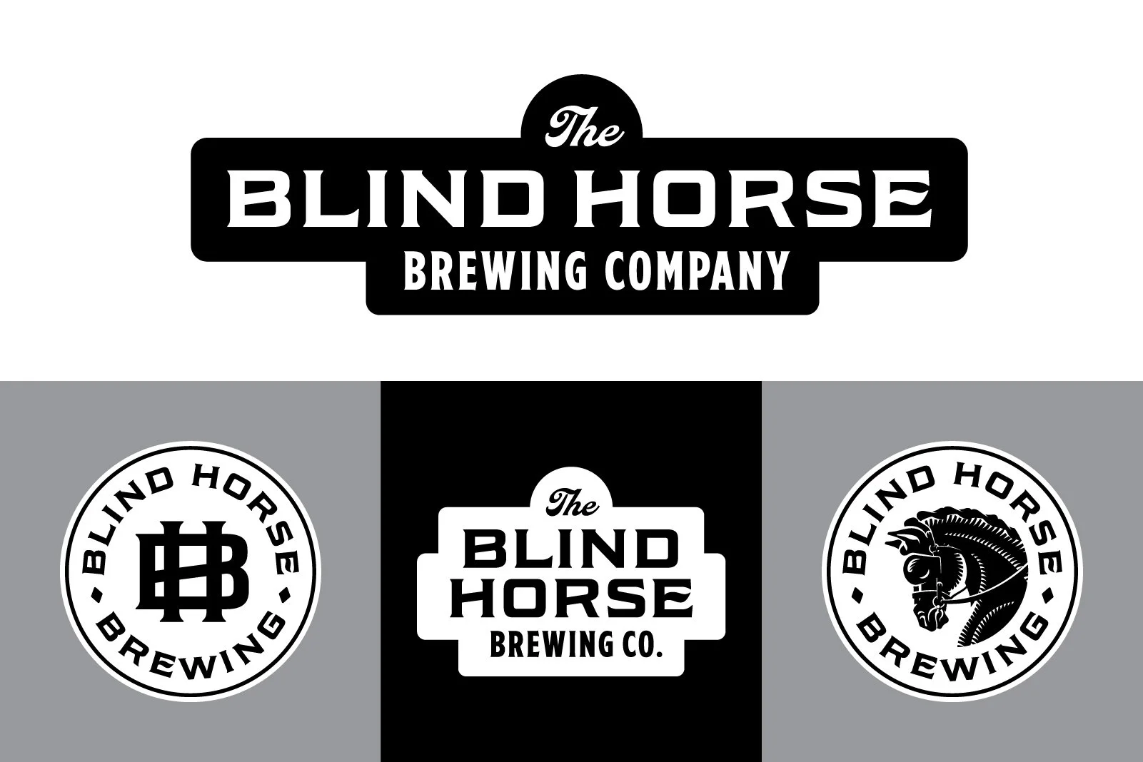Image showing three different logo designs for The Blind Horse Brewing Company, featuring the company name and symbols including a monogram, a horse head, and a shield.
