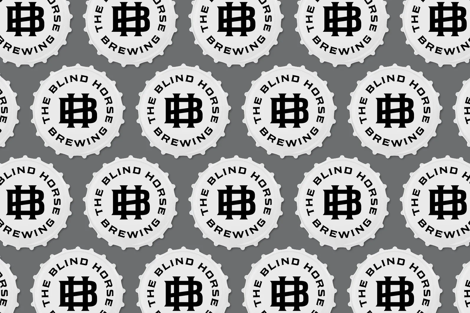 Repeating pattern of beer bottle caps with the logo of 'The Blind Horse Brewing' on a gray background.