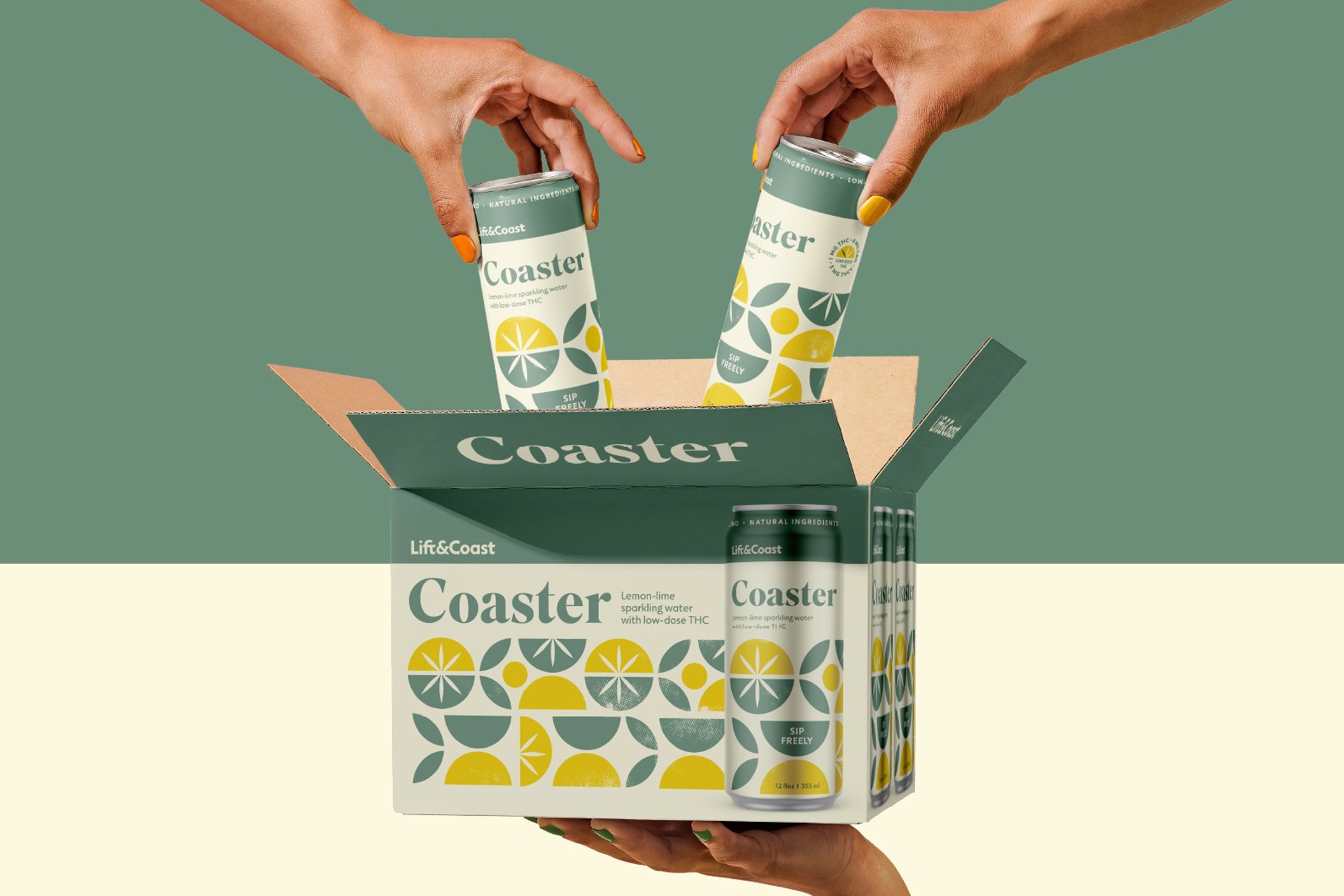 Hands placing cans of Coaster lemon-lime sparkling water into a green and beige product box.