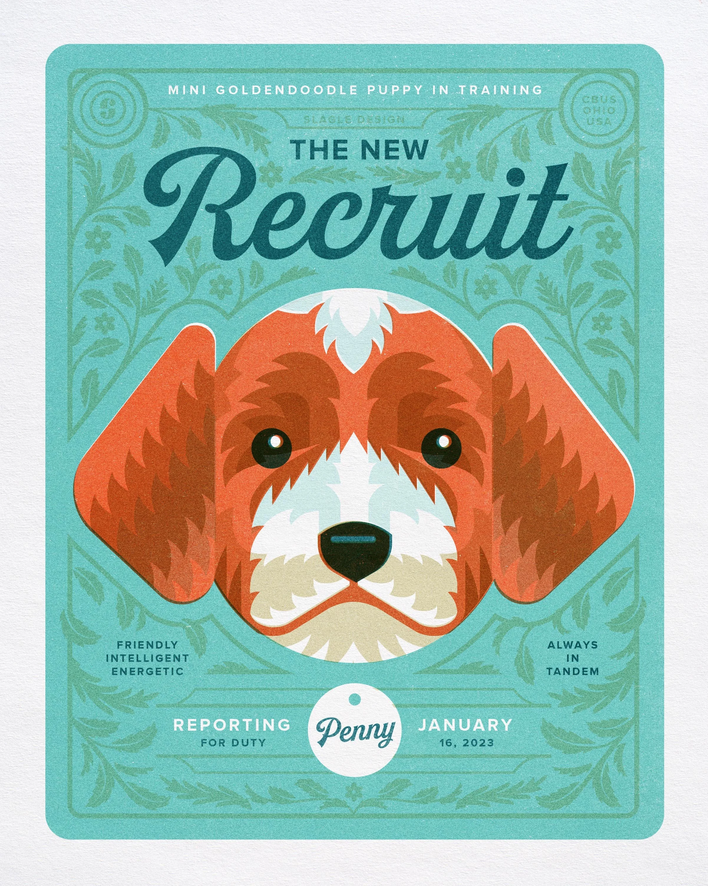 A cartoon-style illustration of a puppy's face with floppy ears, brown and white fur, and big expressive eyes, featured on a teal background with text related to a playful notice or announcement.