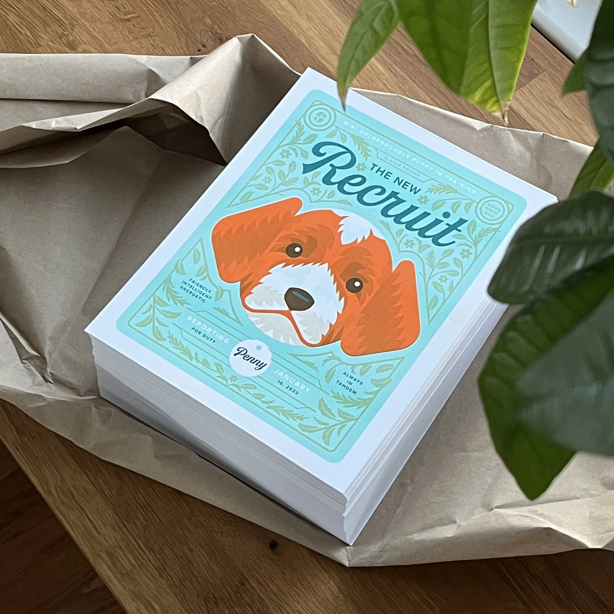 A stack of printed books or magazines with a colorful cover featuring a cute illustration of a dog, titled 'The New Recruit', placed on a wooden table and partly covered by a brown paper wrapping.