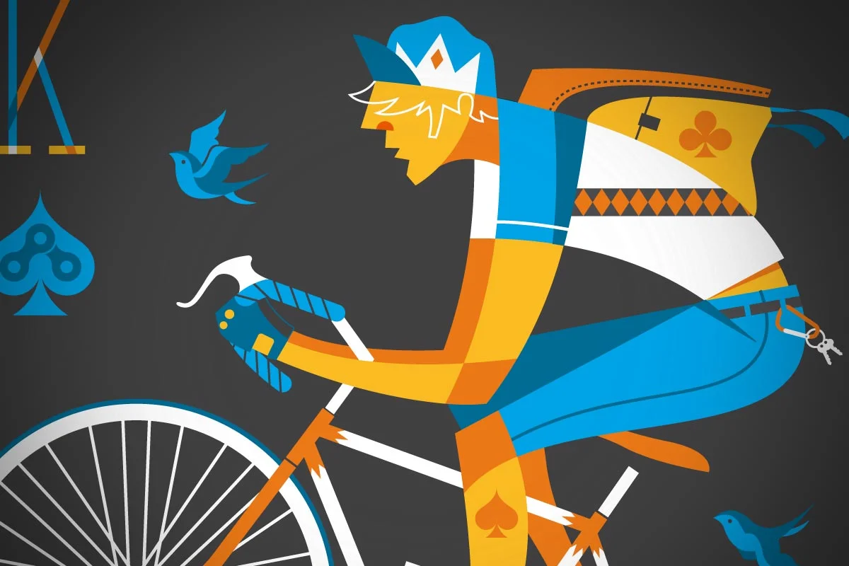Stylized illustration of a colorful king riding a bicycle, wearing a crown and armor, with birds around and riding through a dark background.