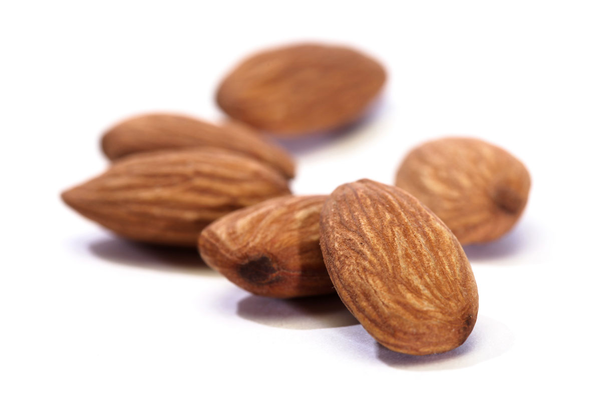 Close-up of several almonds on a white background.