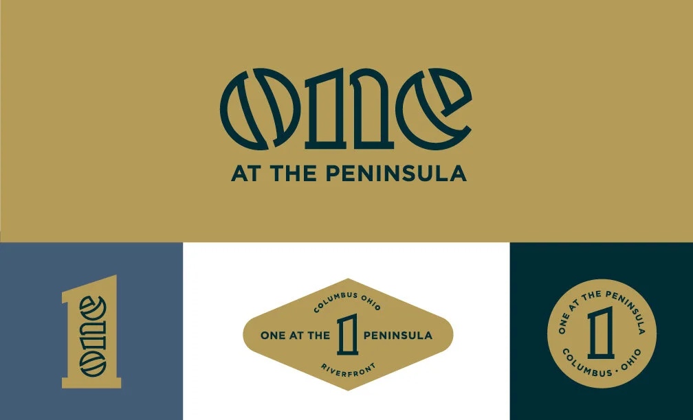 Designs for a logo and branding for 'One at the Peninsula,' featuring text 'Columbus Ohio Riverfront' and combinations of the number '1' in different styles and layouts, with a gold and dark blue color scheme.