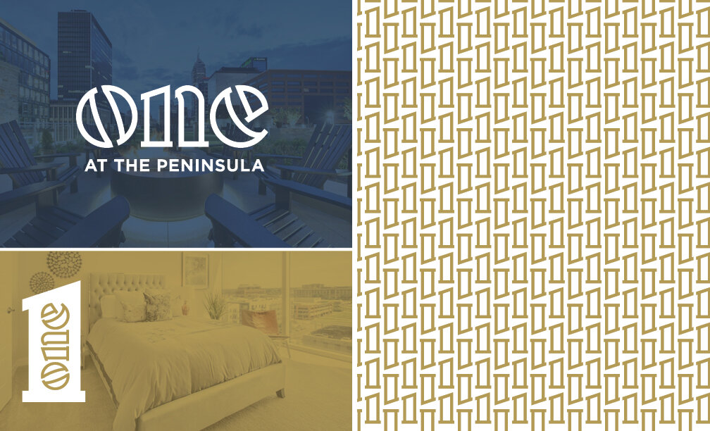 A promotional image divided into four sections. Top left features a cityscape with tall buildings and outdoor seating with the text 'One at The Peninsula'. Bottom left shows a bedroom with a large bed and a window view. The right side has a patterned