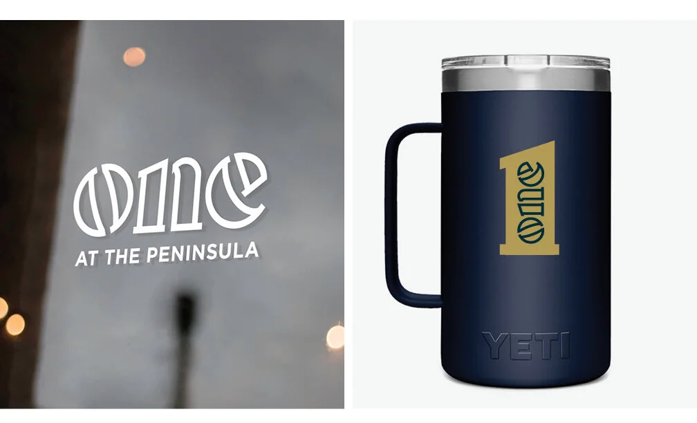 Left side shows the text "Ollie at the Peninsula" with a blurred background of cloudy sky, a tree trunk, and some lights; right side shows a navy blue YETI mug with a gold and black design and a clear lid.