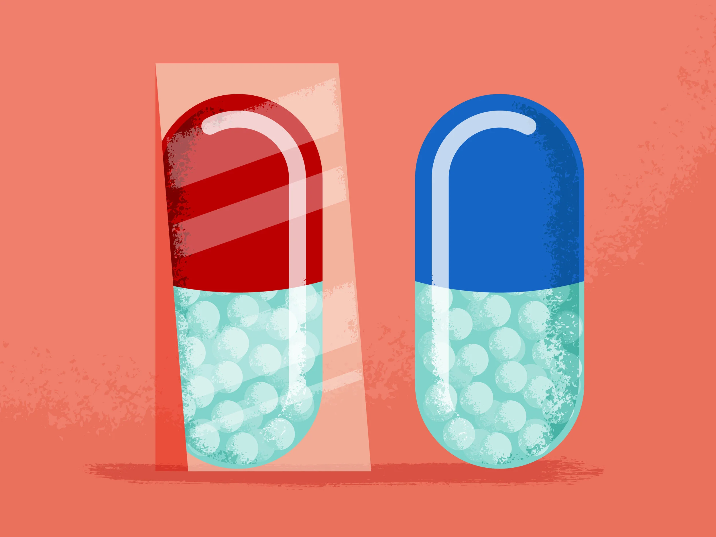 Illustration of two capsules filled with small, light blue spheres on a pink background, one with a red top and reflection, the other with a blue top.