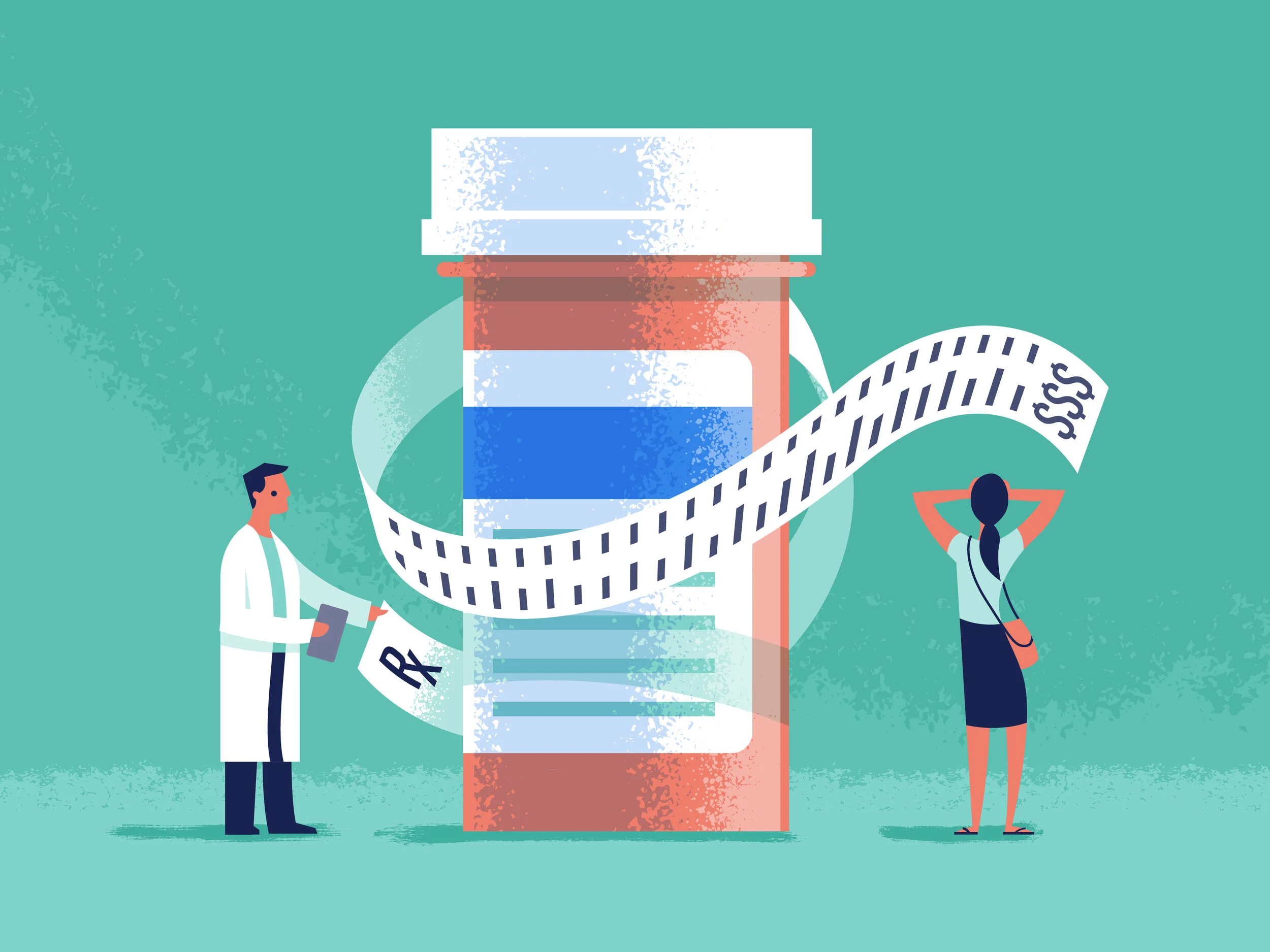 Illustration of a large pill bottle with a strip of film wrapping around it, and two people standing nearby, one holding a phone and the other resting hands on her head, against a teal background.