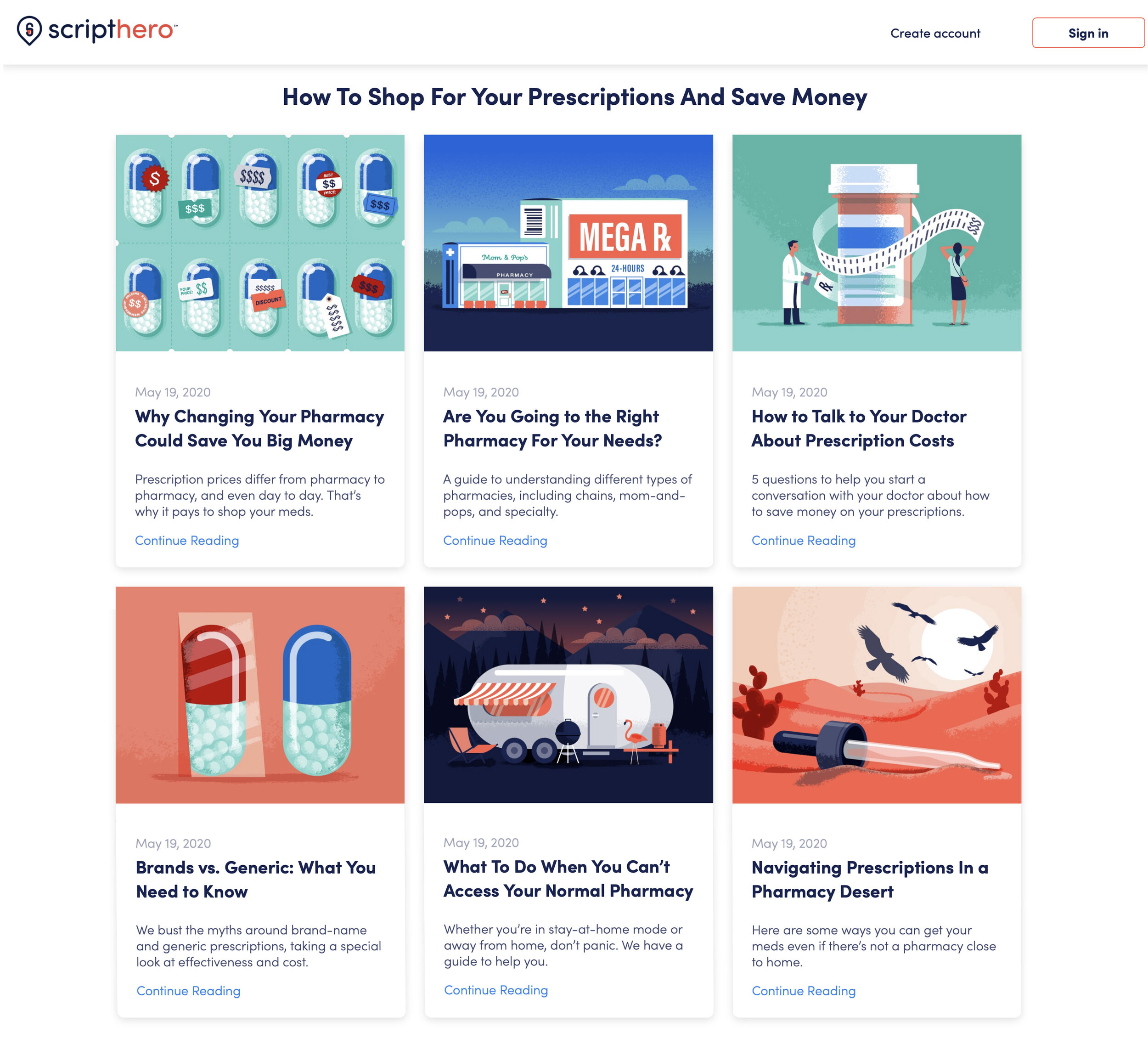 A webpage titled "How To Shop For Your Prescriptions And Save Money" displays six articles related to pharmacy and prescription management, each with an illustration, publication date, title, summary, and "Continue Reading" link.