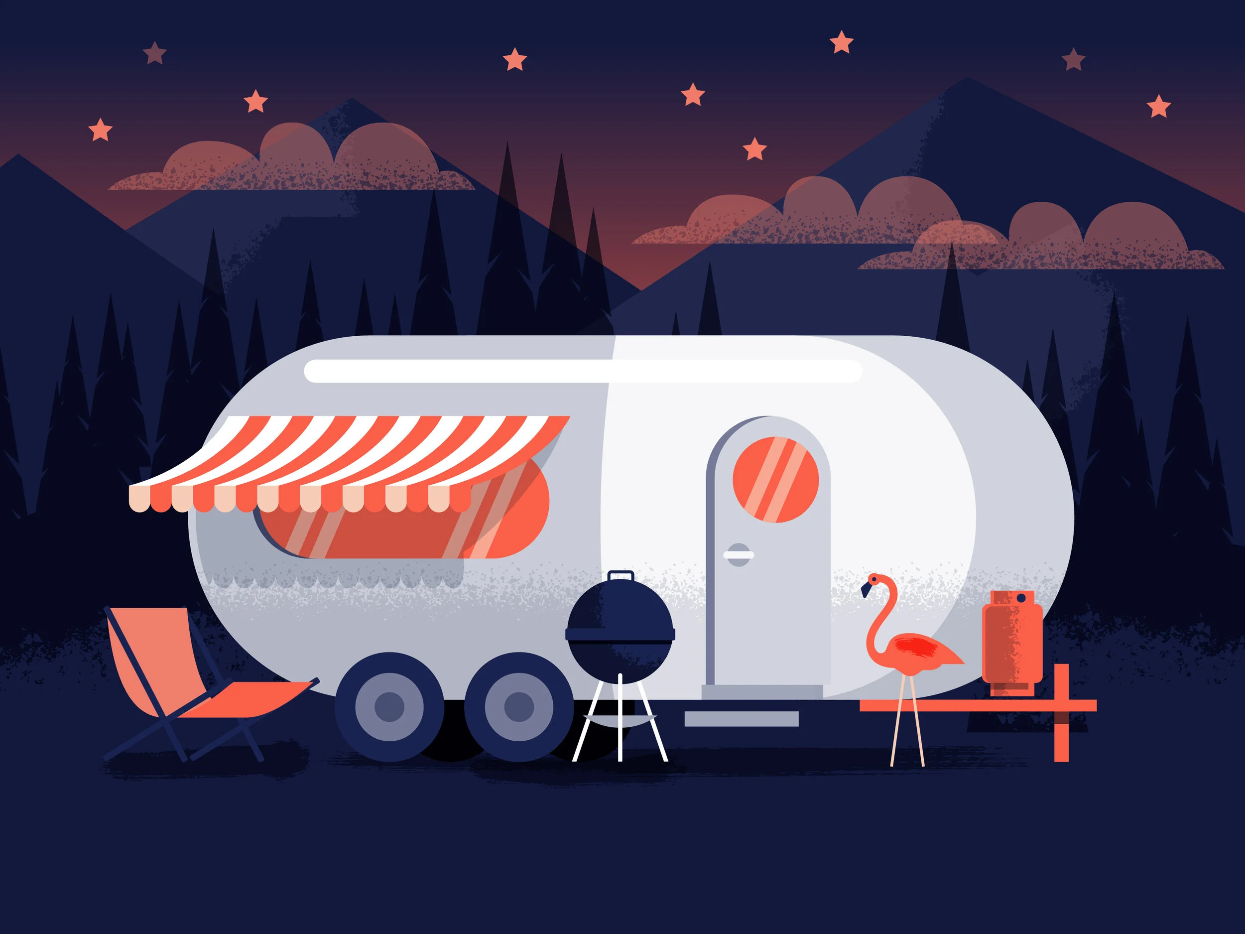 A camper trailer set up outdoors at sunset with a flamingo and barbecue grill nearby, surrounded by trees and mountains.