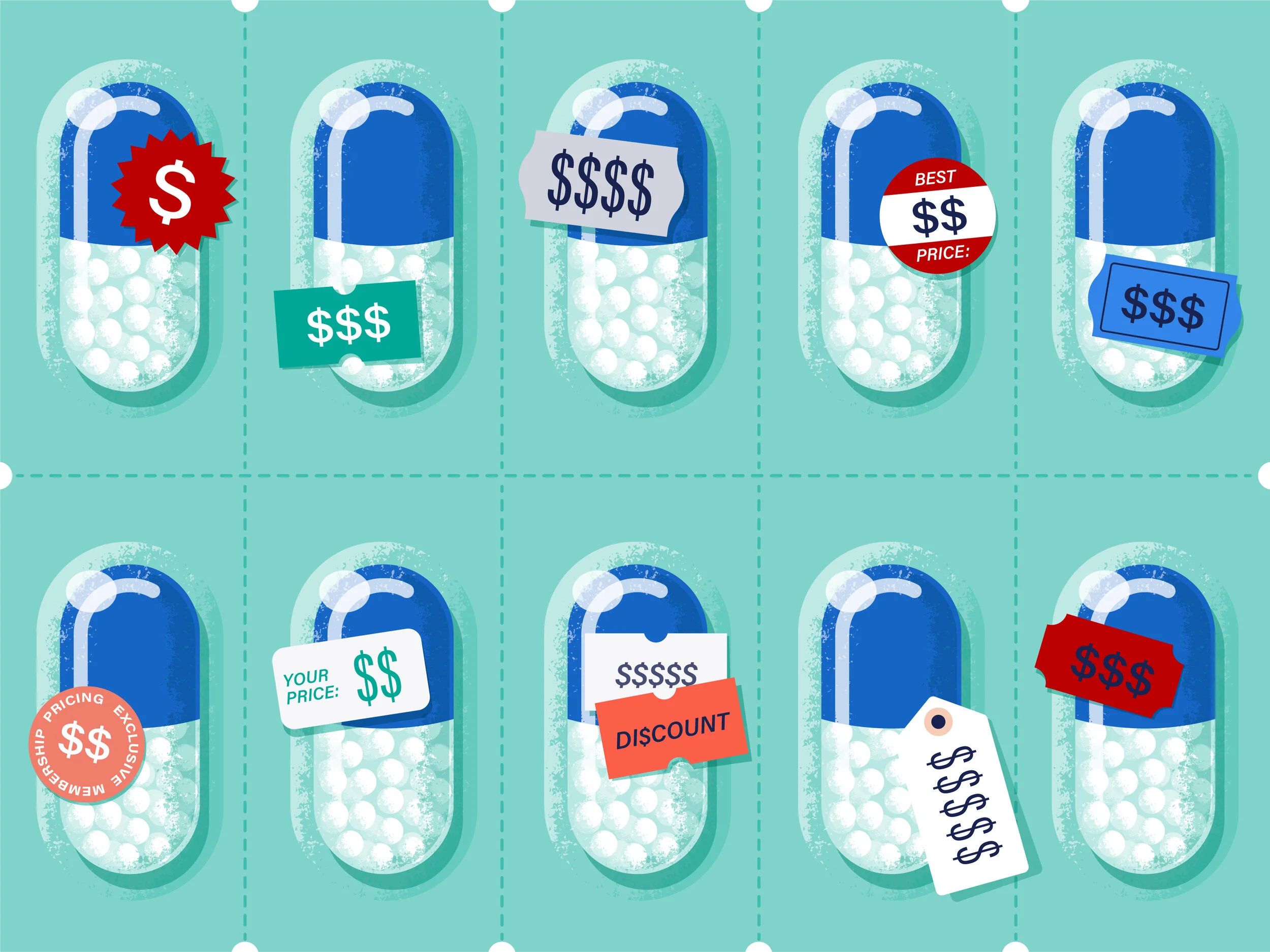 Collection of various capsules, each with price tags and discount labels, on a light blue background.