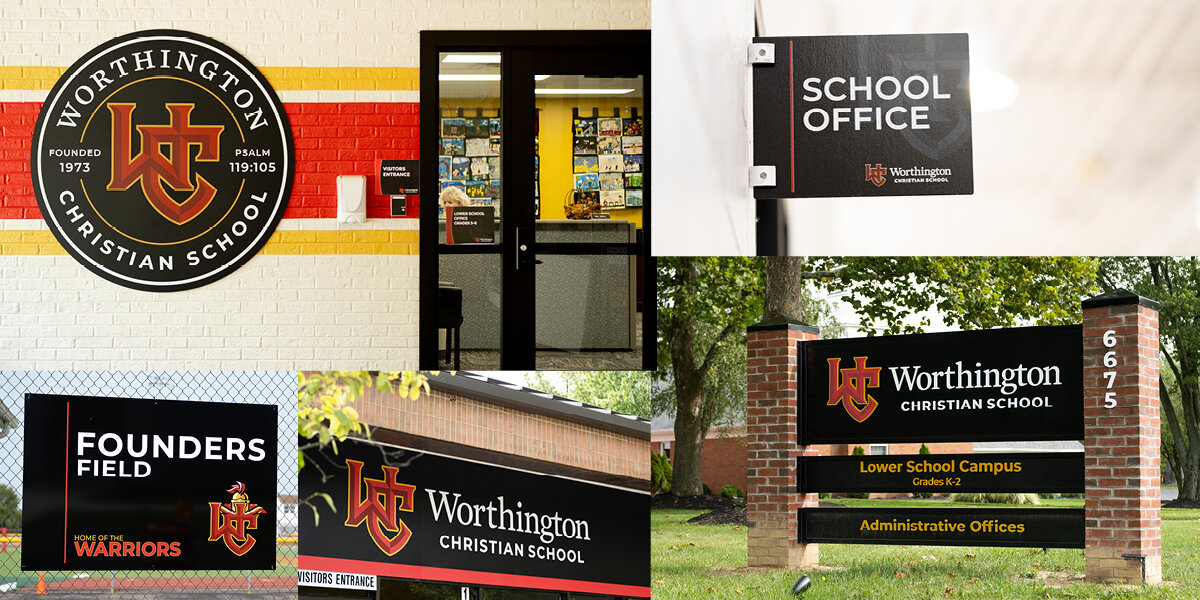 Collage of Worthington Christian School signs and campus images, including a school logo, a school office door, an entrance sign with campus information, and a field sign indicating the home of the Warriors.