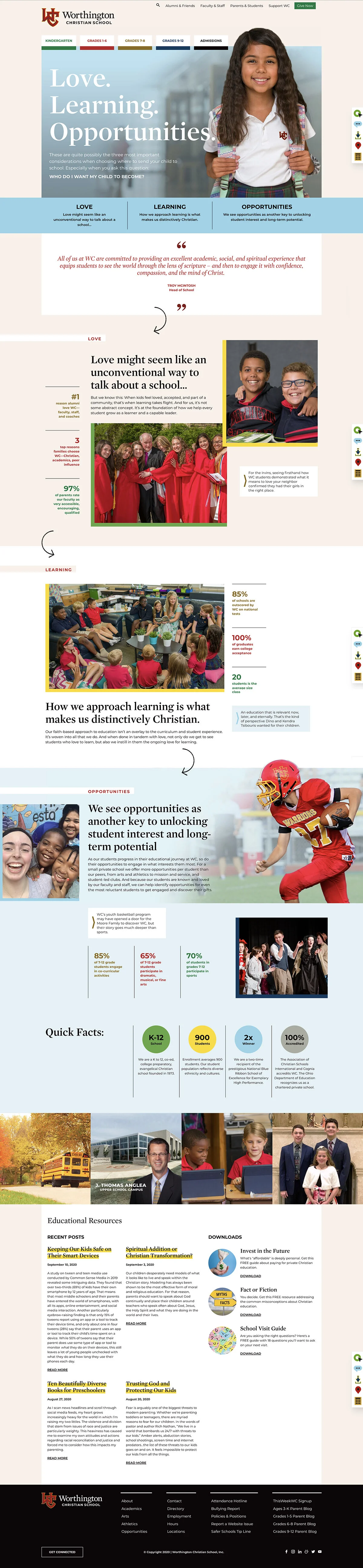 A flyer for Worthington Christian School featuring a smiling young girl in uniform, text promoting love, learning, and opportunities, with images of students in various activities and information about the school.