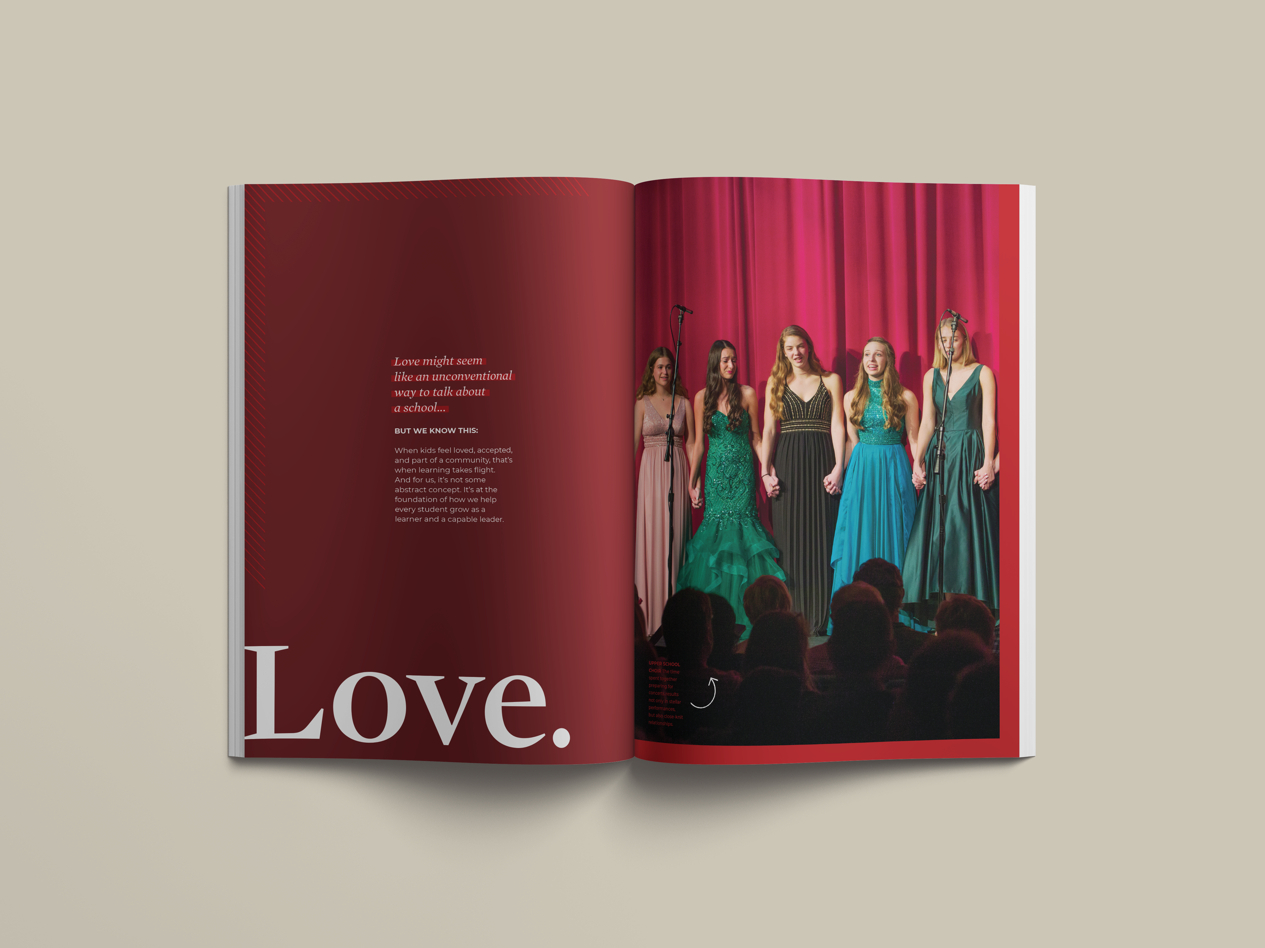 A magazine spread featuring a photo of five young women in formal dresses singing on a stage with a red curtain background, holding hands, with an audience in front of them and microphones on stands, along with text on the left page about love and ed