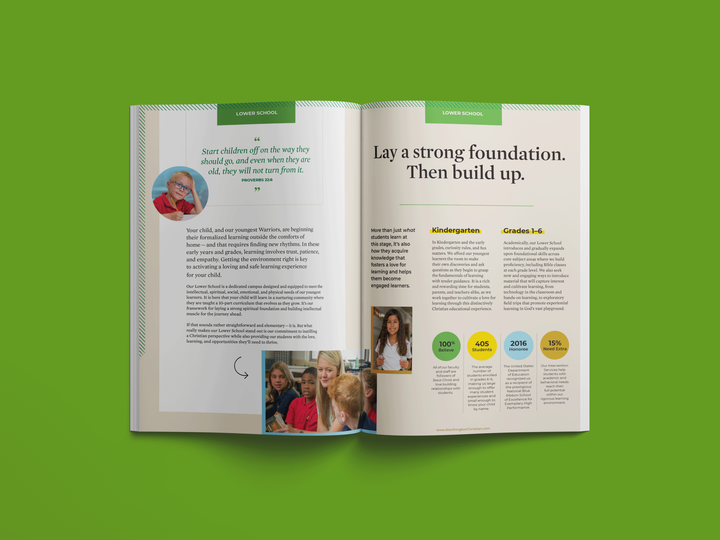 Open bilingual educational brochure about lower school, featuring a quote, images of children and a teacher, and statistics on the school's achievements.