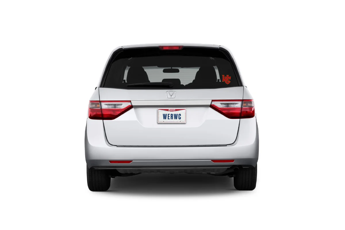 Rear view of a silver Honda SUV with Ohio license plate 'WERWC' and a red 'LCU' sticker on the back window