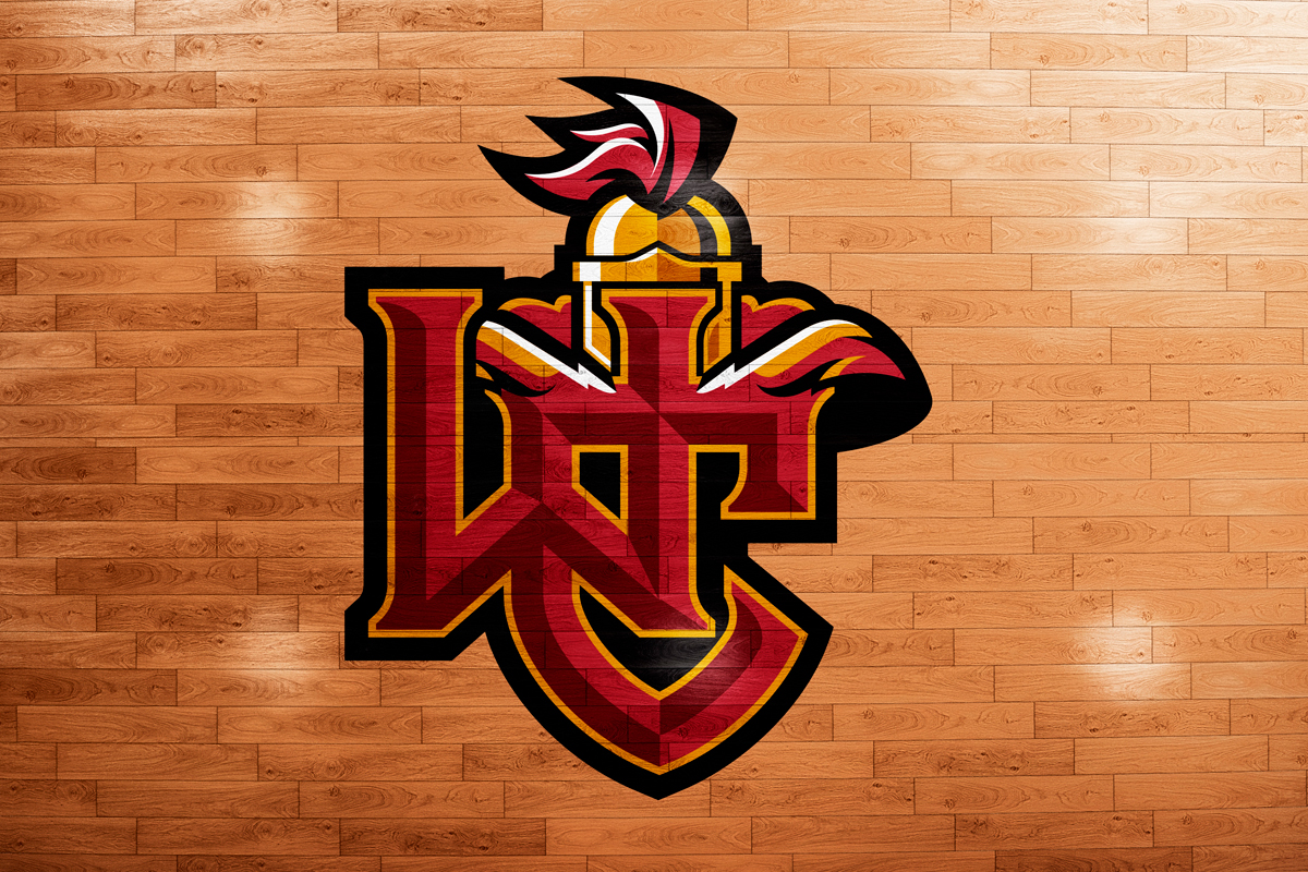 University of Maryland mascot logo with a knight's helmet and a stylized letter 'M' on a wooden background.