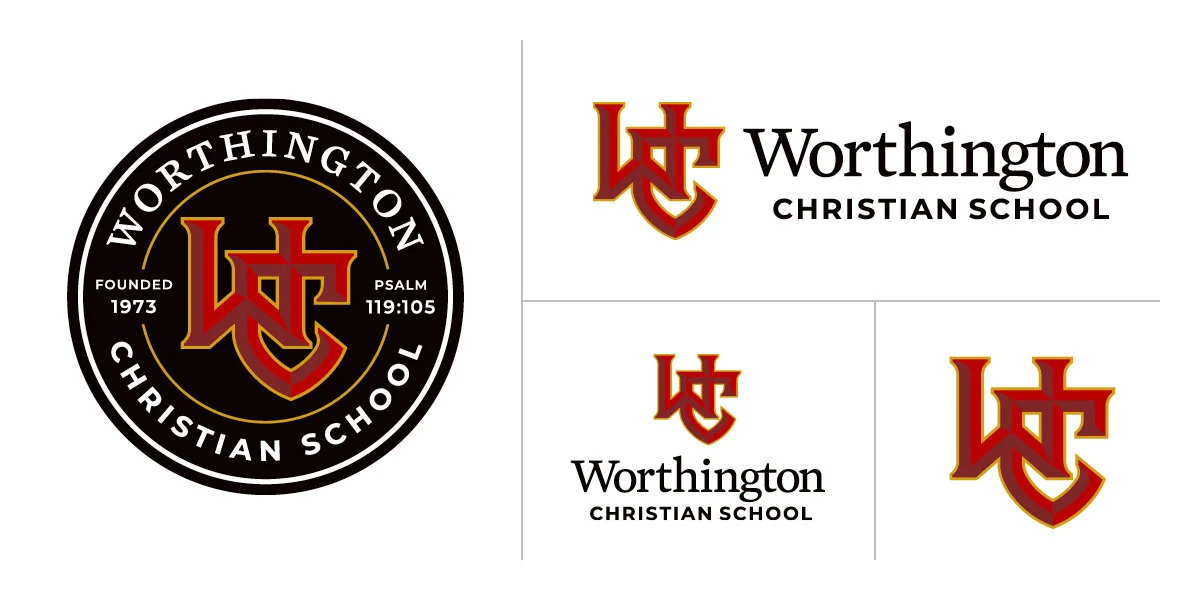 Logo of Worthington Christian School, featuring a circular emblem with the school's name, founding year, and Psalm 119:105, alongside various versions of the school's initials in maroon and gold.