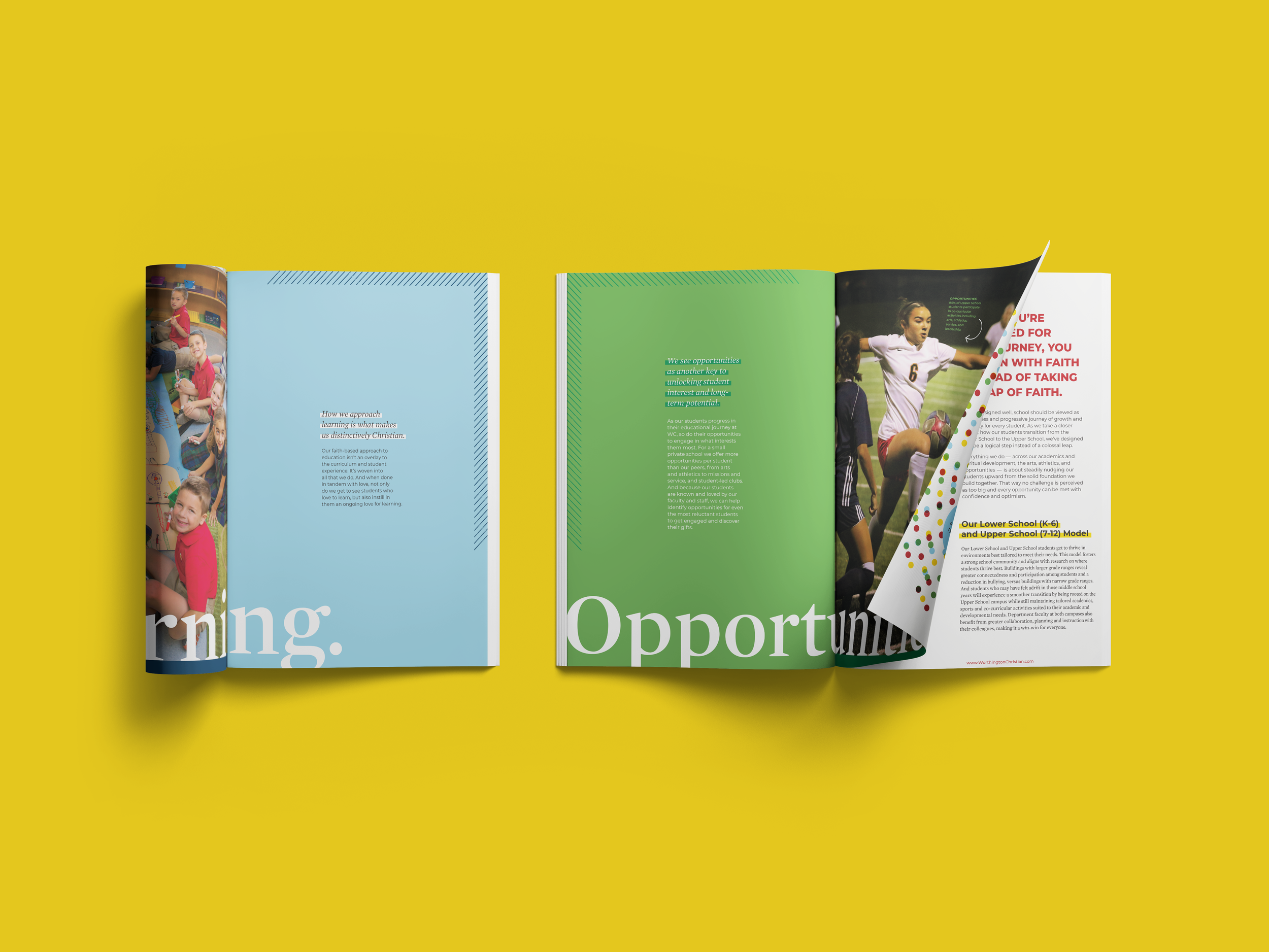 Open magazine with colorful pages on a yellow background, showing images of children and a soccer player, with some pages turned to reveal text and design elements.