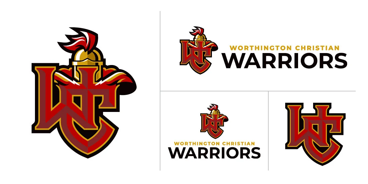 A logo with a stylized dragon head in red, black, and gold colors, combined with the letters 'W' and 'C' intertwined. The logo is featured on a white background in various sizes and arrangements, with the text 'WORTHINGTON CHRISTIAN WARRIORS' in gold