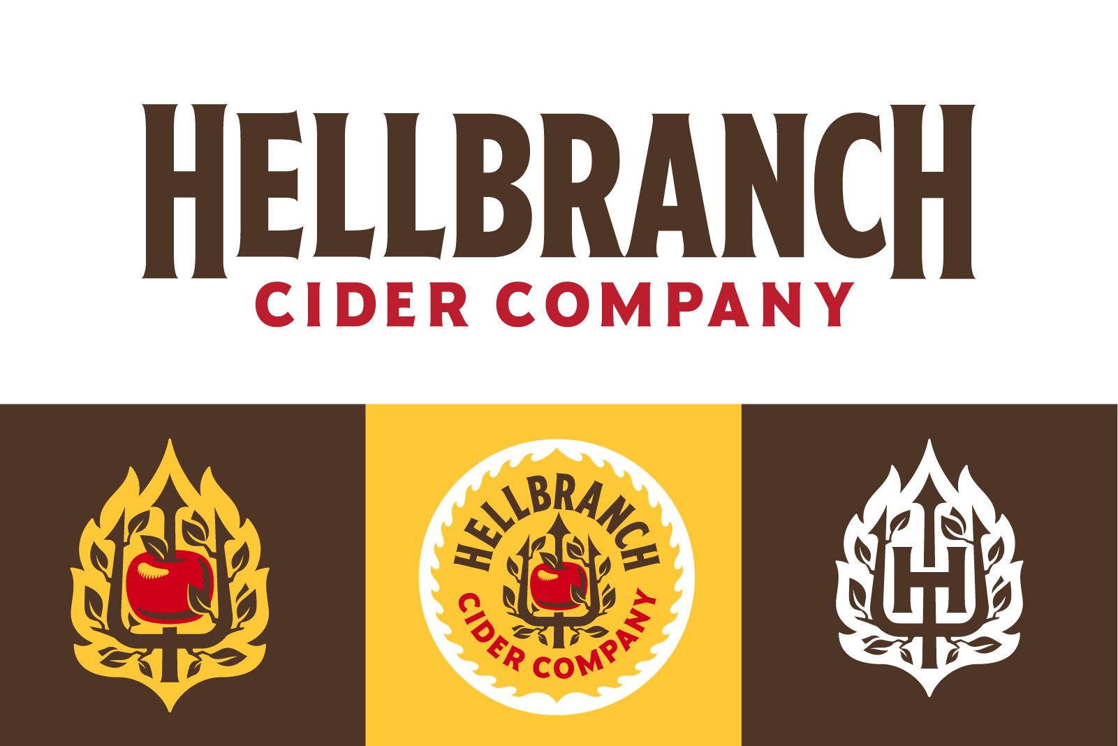 The image contains the logo of Hellbanch Cider Company, with the name at the top and three variations of a logo featuring an apple with flames and the company name.