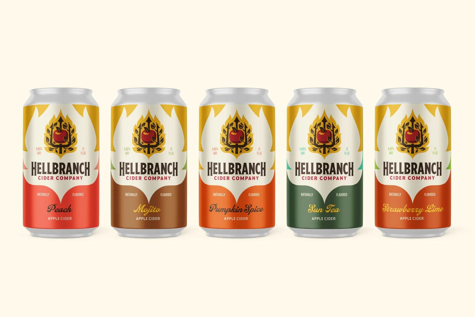 Five cans of Hellbranch cider in different flavors: Peach, Mojito, Pumpkin Spice, Sun Tea, and Strawberry Lime, arranged in a row on a light beige background.