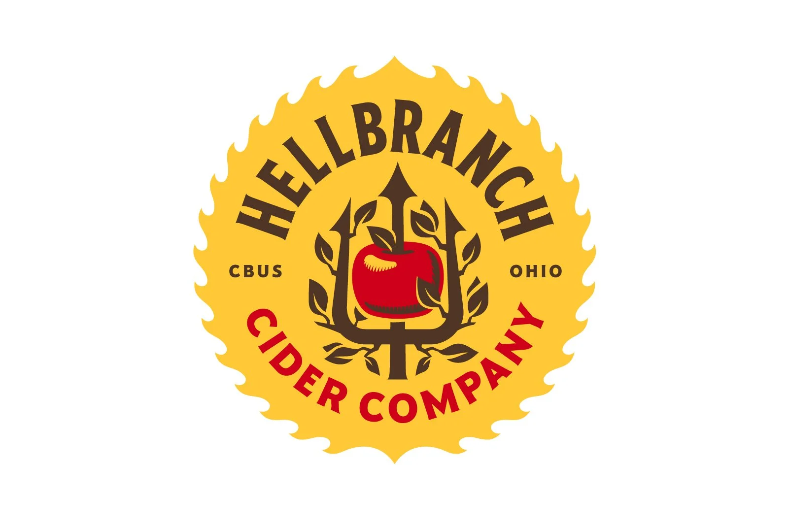 Logo of Helbanch Cider Company featuring a red apple in the center, surrounded by a yellow flame-like border, with the words "Helbanch" and "Cider Company" and mentions of CBUS and Ohio.