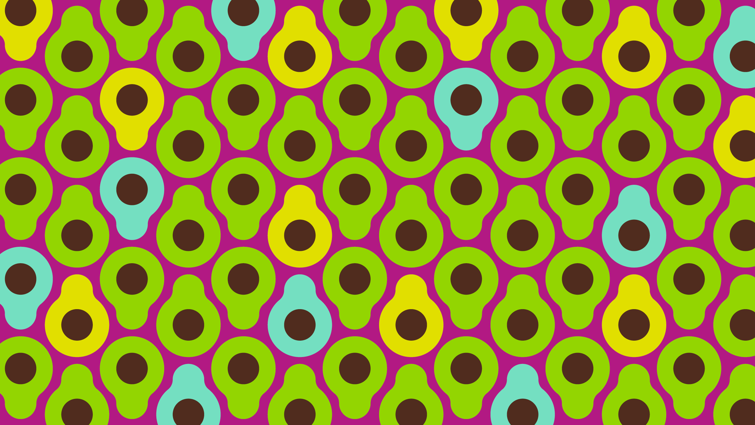 Pattern of stylized avocados with green, yellow, and blue colors on a purple background.