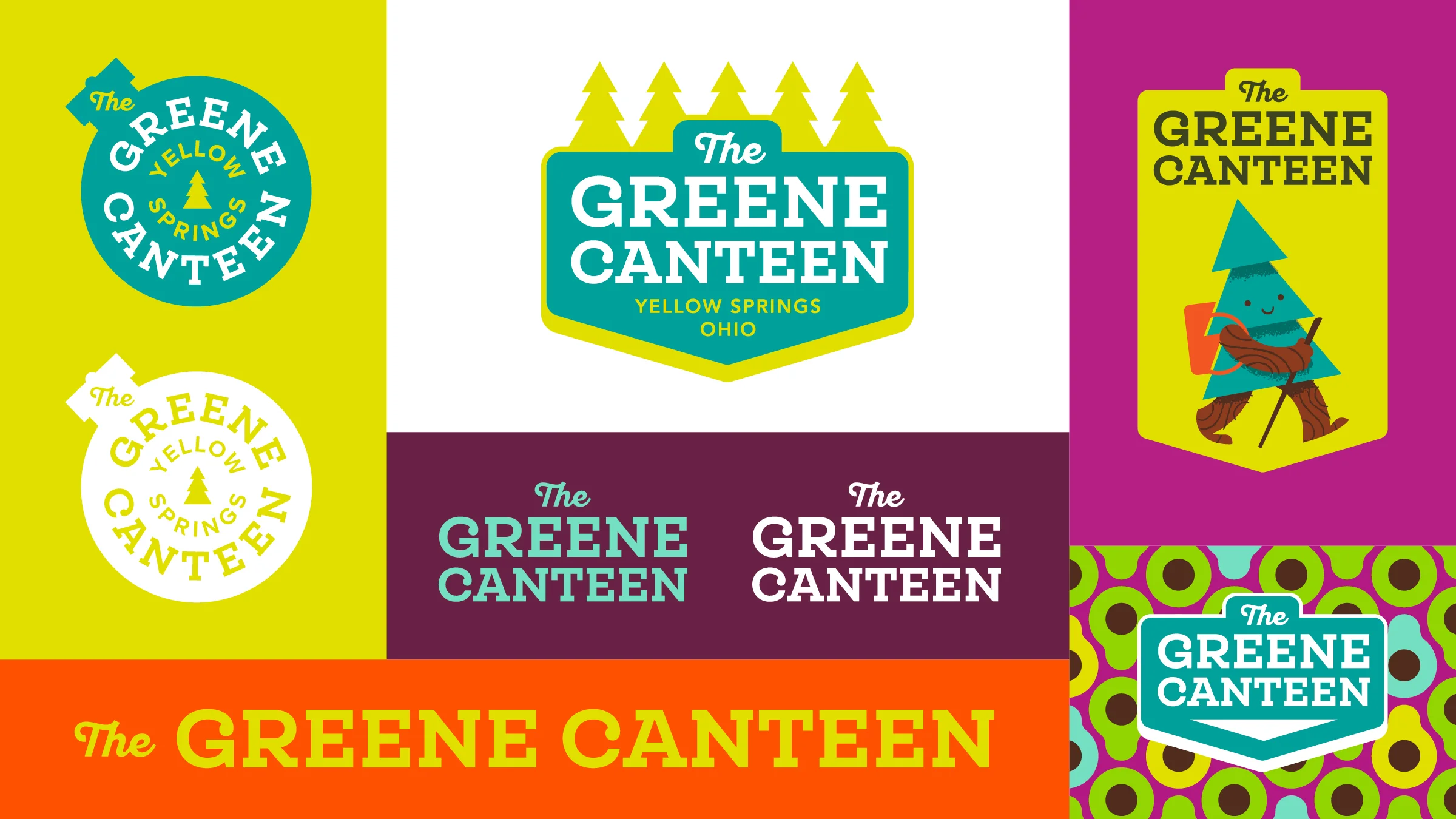 Collection of colorful logo designs for The Greene Canteen, featuring various styles and colors