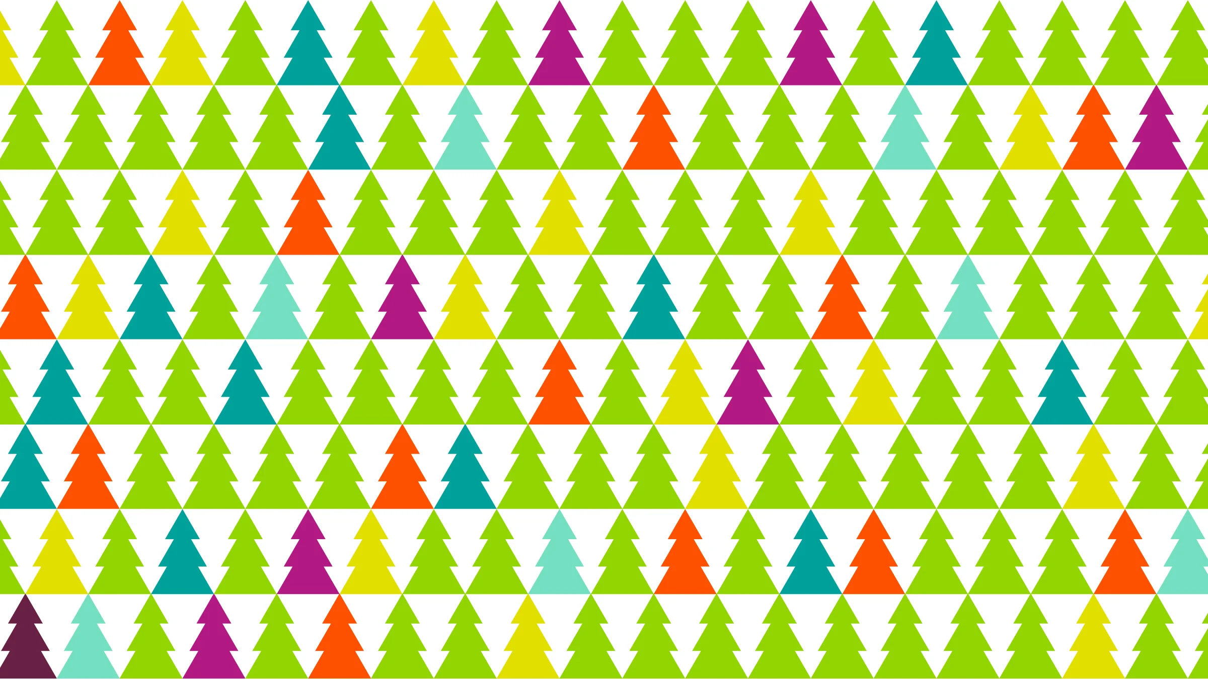 Colorful pattern of Christmas trees in green, purple, yellow, orange, teal, and light blue on a white background.