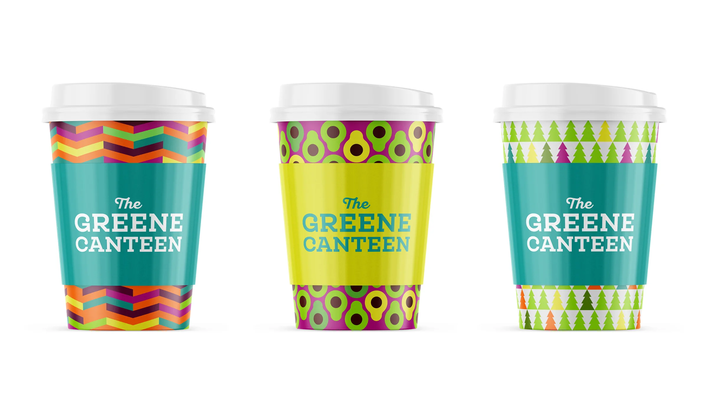 Three colorful cups with lids, each with vibrant patterns and a label reading 'The Greene Canteen' in the center of each cup, set against a white background.