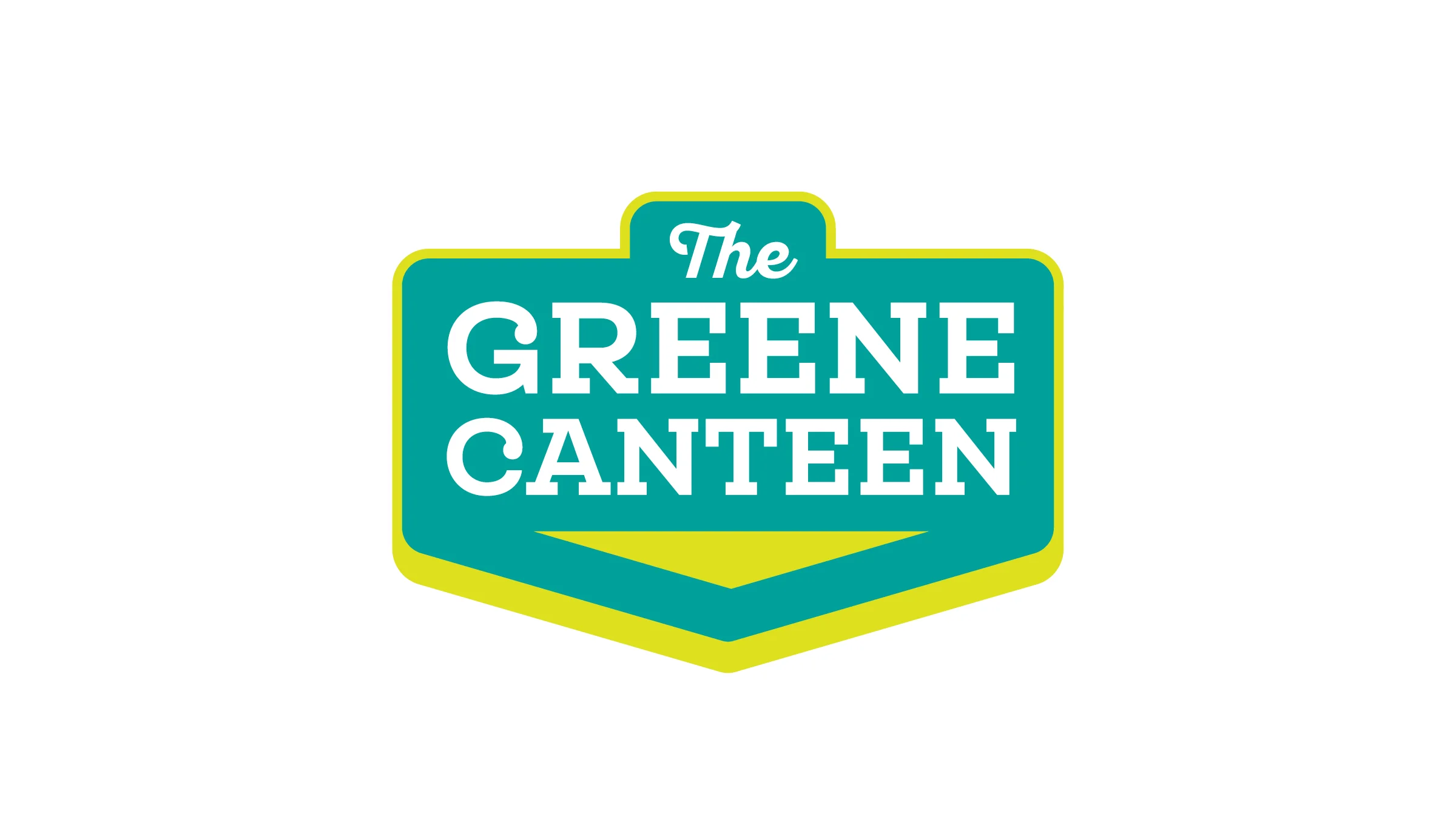 Logo for The Greene Canteen, featuring a teal shield shape with lime green accents and white text.