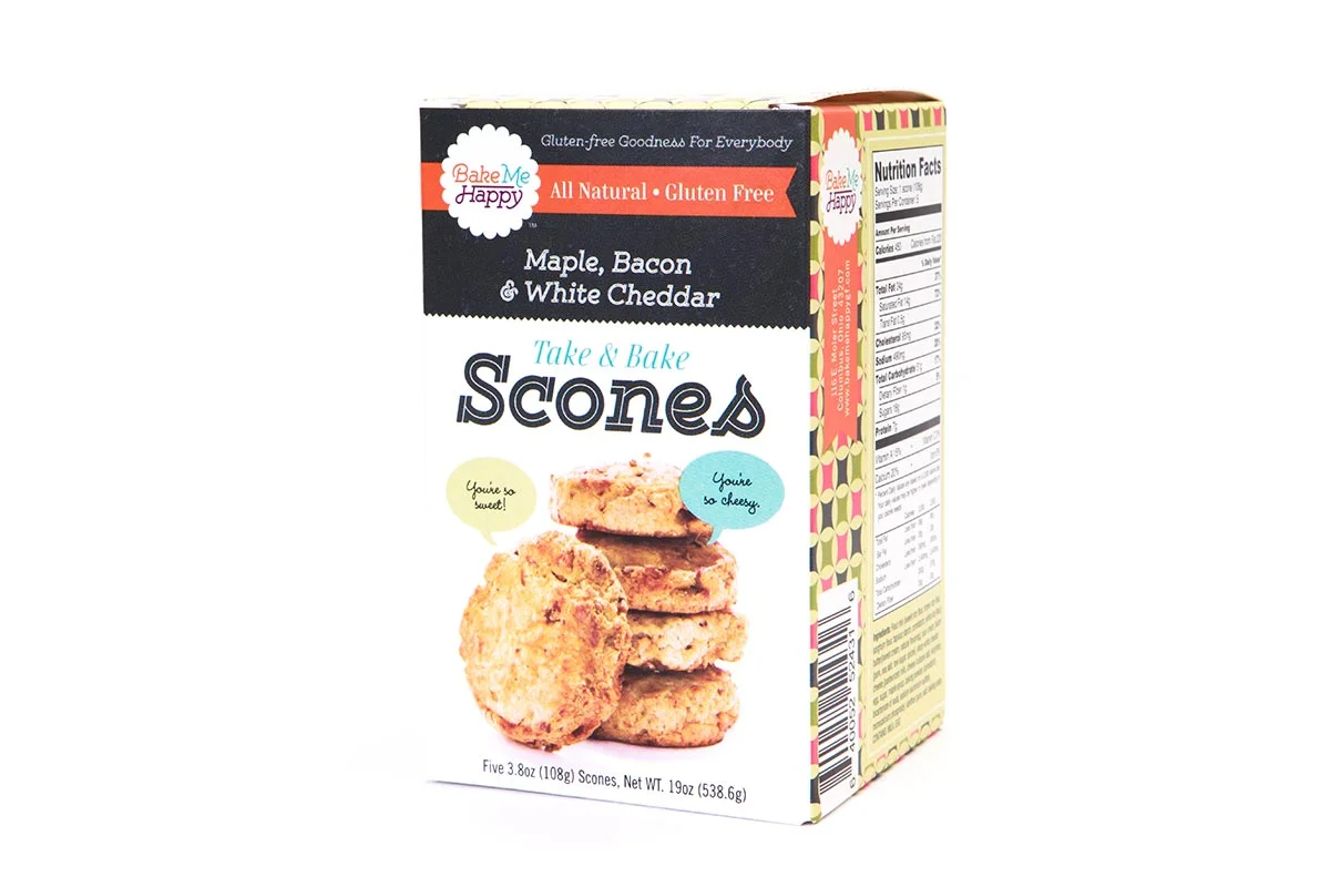 Box of Kid-Friendly Scones with Maple, Bacon, and White Cheddar flavor, featuring a picture of baked scones and nutrition facts on the side.