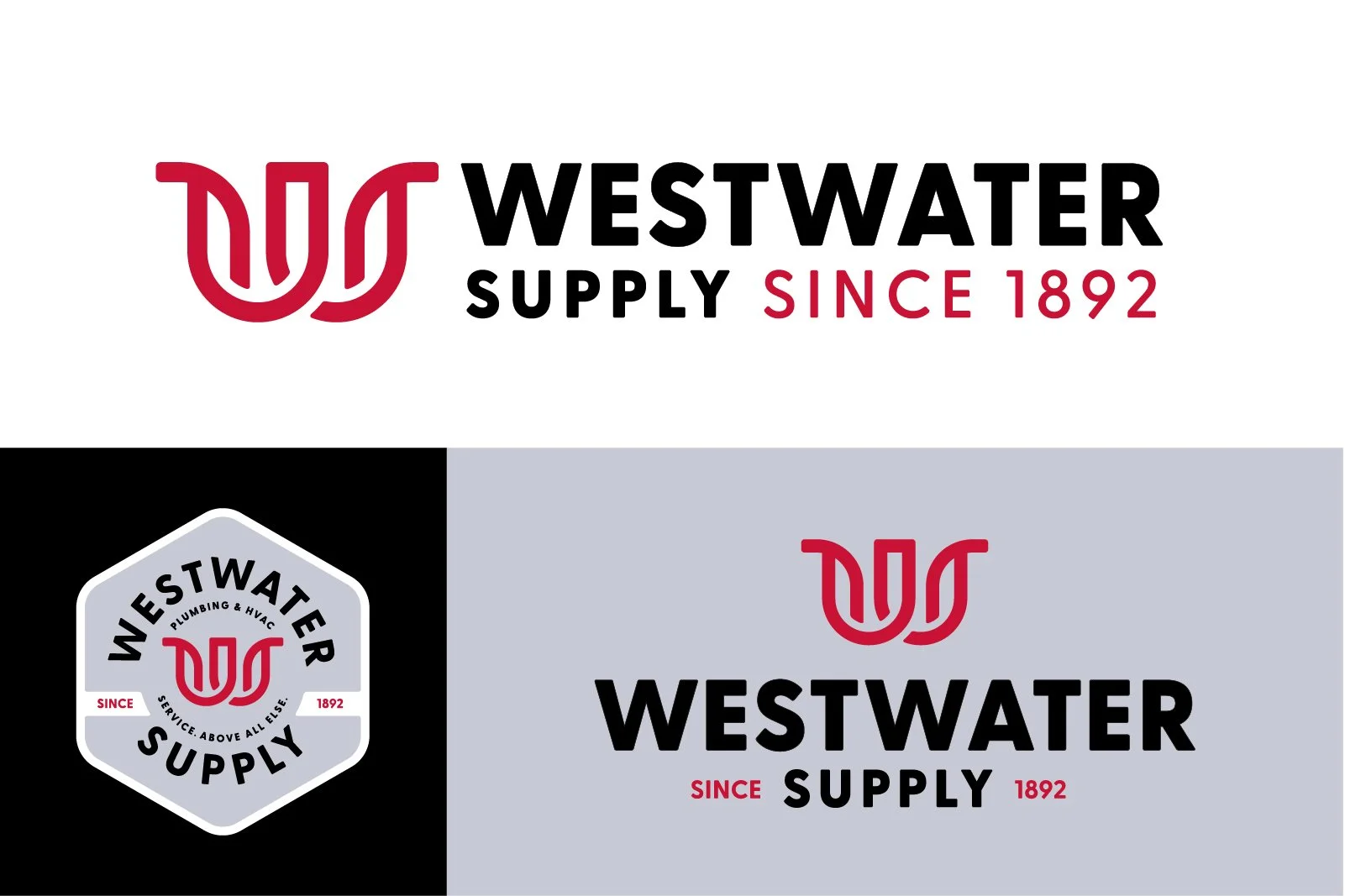Logo of Westwater Supply, a company established in 1892, featuring a stylized red W and slogan, in black and red text on a white and gray backgrounds.