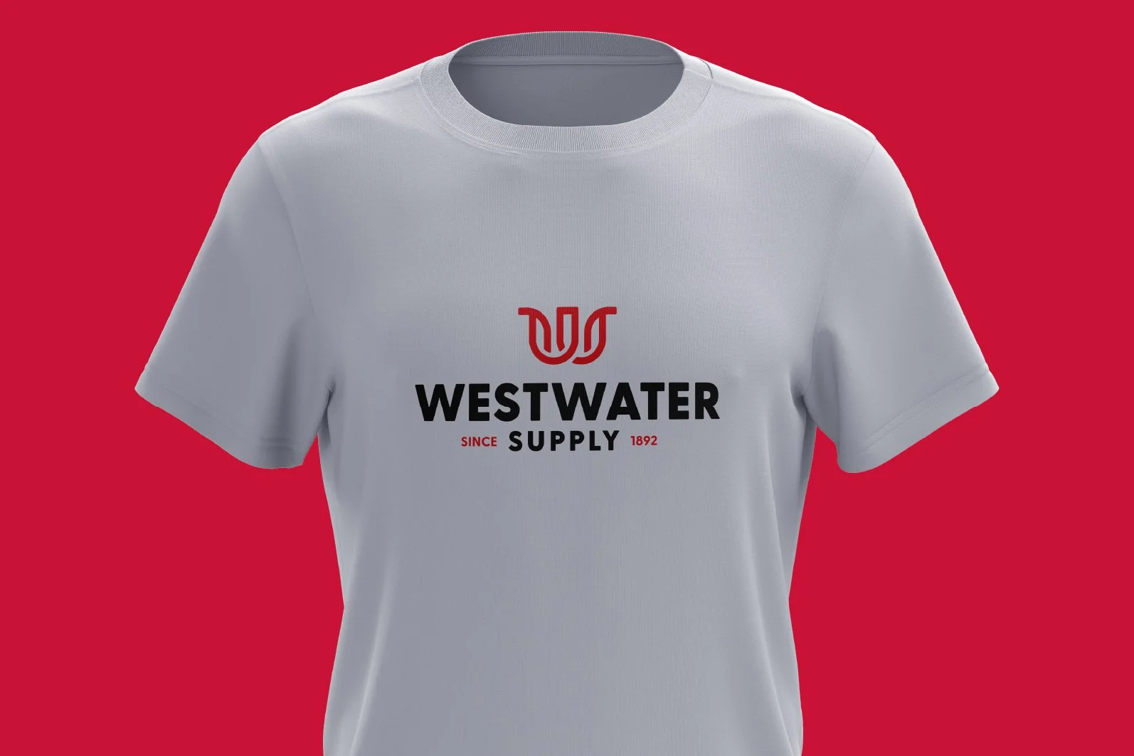 White T-shirt with a red and black logo and text on a red background.