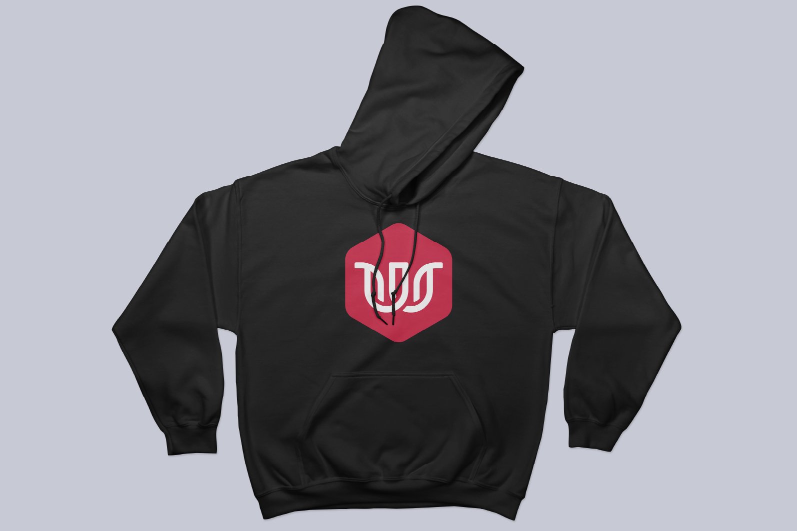 Black hoodie with a red hexagon logo on the chest featuring white stylized text.