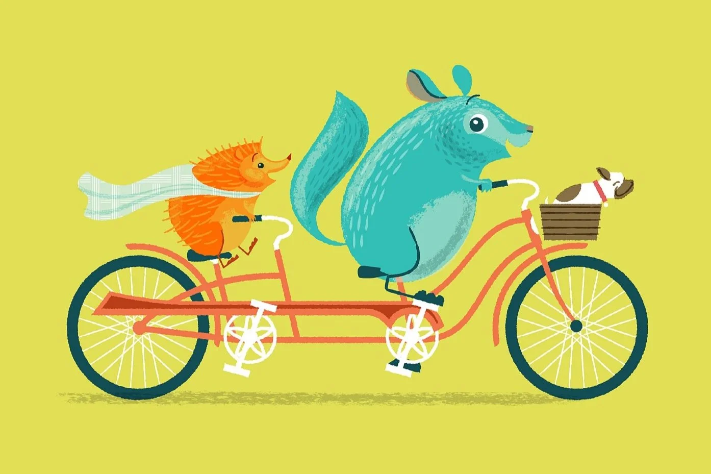 Illustration of a blue squirrel, orange fox, and small dog riding a pink tandem bicycle with a basket, set against a yellow background.