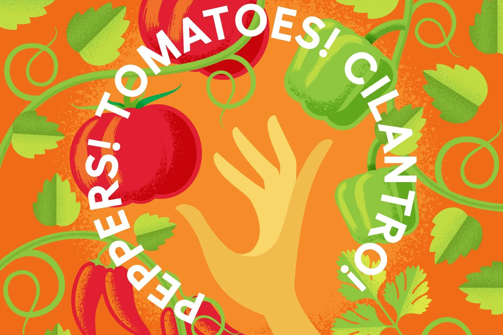 Illustration of a hand reaching towards tomatoes and peppers, with green leaves and curly vines, on an orange background, and text reading 'PERSEVERANCE! CITRUS!'.
