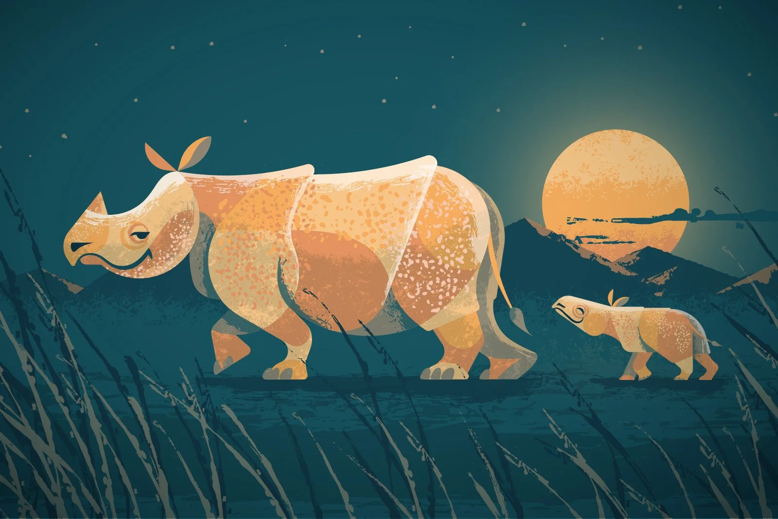 Stylized illustration of a large bison and a smaller calf walking through tall grass at sunset, with mountains and a large glowing sun in the background.