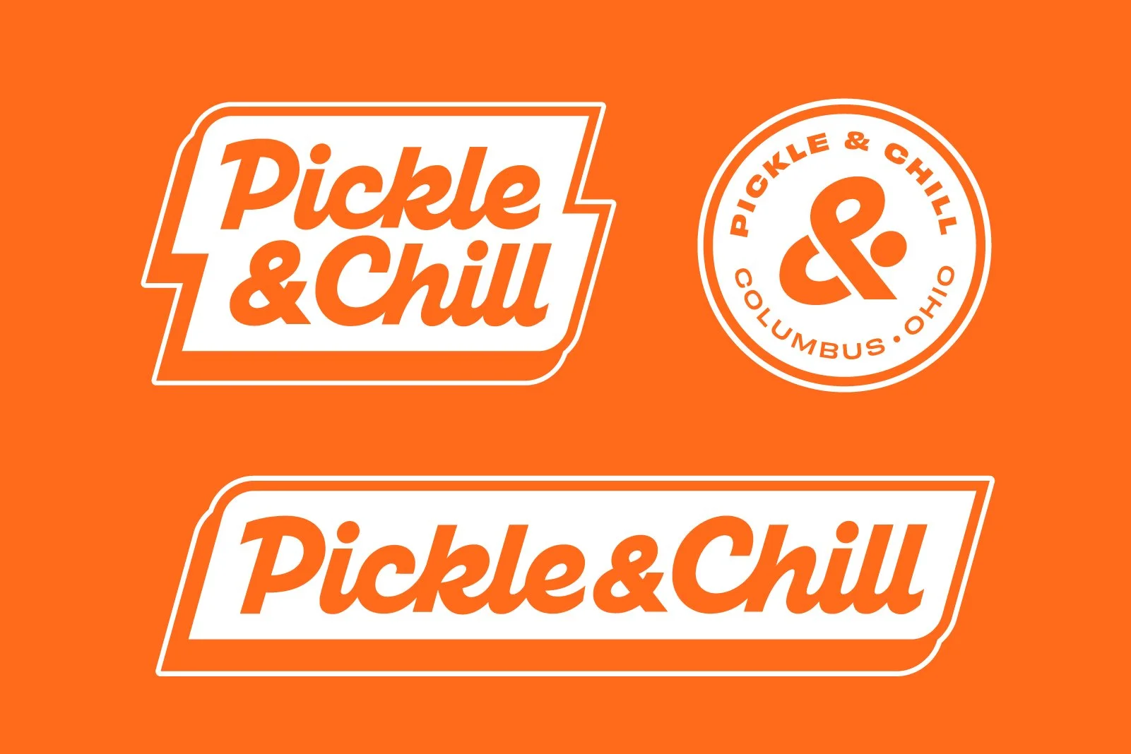 Orange background with logos of Pickle & Chill and P&CC, a pickle and chill restaurant in Columbus, Ohio.