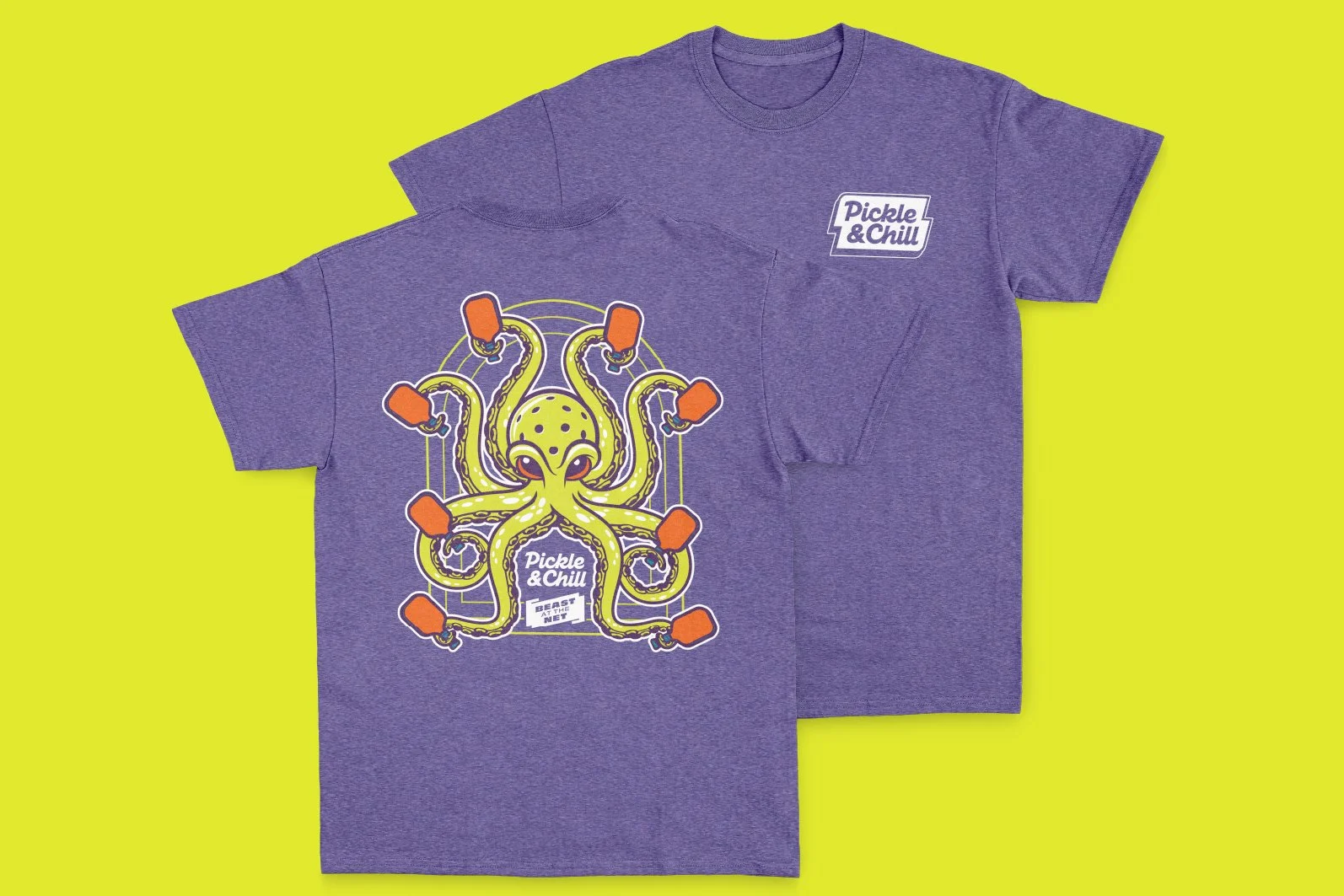 Two purple T-shirts with playful designs. The front shirt features a stylized yellow octopus with multiple orange ice pops in its tentacles, with the text 'Pickle & Chill' at the bottom. The back shirt displays a small white rectangle with the same text, 'Pickle & Chill,' positioned on the top left chest area.