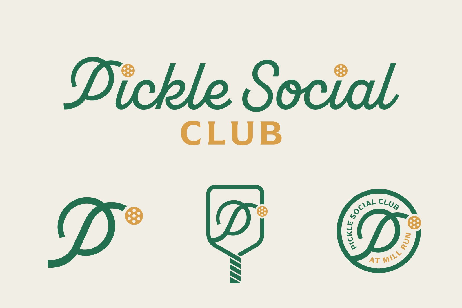 Logo for Pickle Social Club with a pickle and a pickleball design, including text 'Pickle Social Club at Mill Run'.