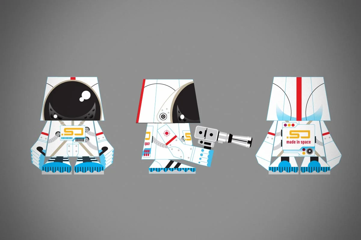 Three stylized space-themed cartoon characters resembling astronauts with helmets and space suits, standing against a gray background.